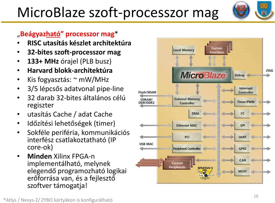 Cache / adat Cache Időzítési lehetőségek (timer) Sokféle periféria, kommunikációs interfész csatlakoztatható (IP core-ok) Minden Xilinx FPGA-n