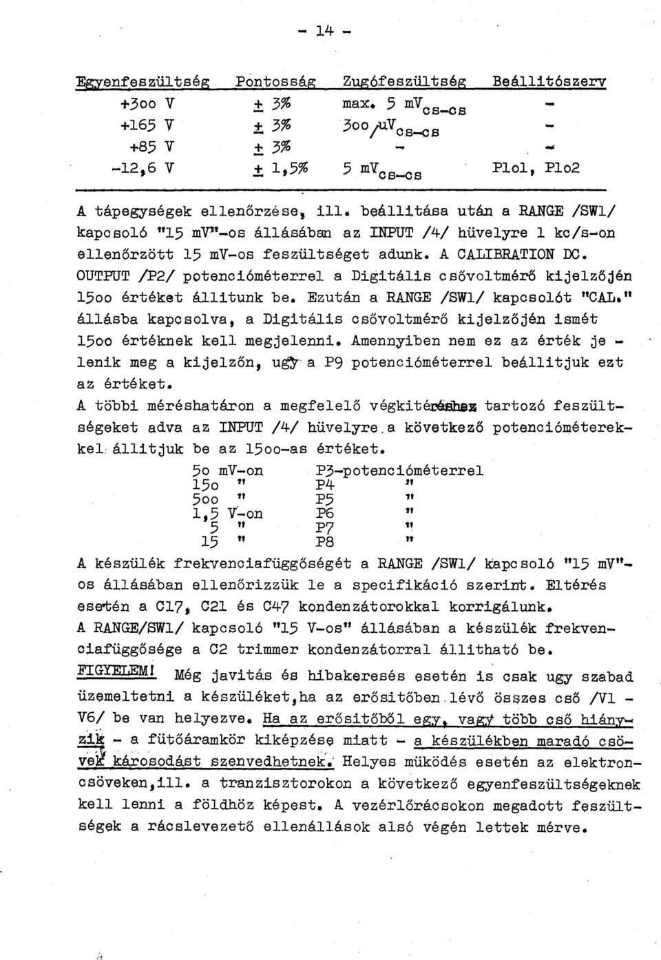 OUTPUT /P2/ potencióméterre a Digitáis csővotmérő kijezőjén 15oo értéket áitunk be.