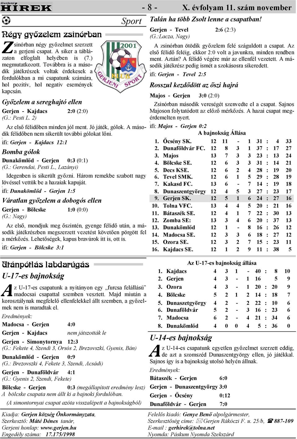 2) Sport z elsı félidıben minden jól ment. Jó játék, gólok. második félidıben nem sikerült további gólokat lıni. ifi: Gerjen - Kajdacs 12:1 Bomba gólok Dunakömlıd - Gerjen 0:3 0:1) G.