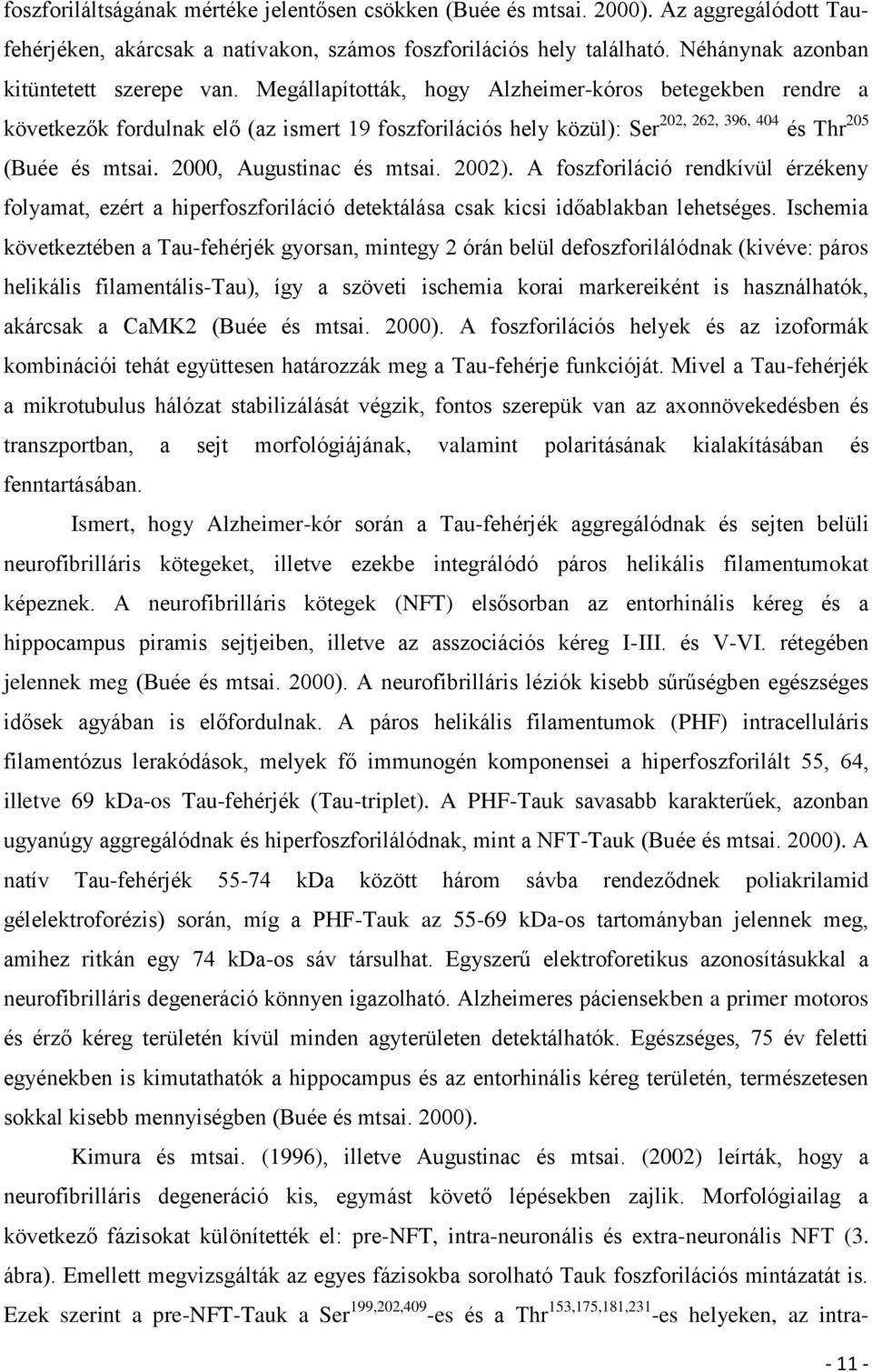 Megállapították, hogy Alzheimer-kóros betegekben rendre a következők fordulnak elő (az ismert 19 foszforilációs hely közül): Ser 202, 262, 396, 404 és Thr 205 (Buée és mtsai.