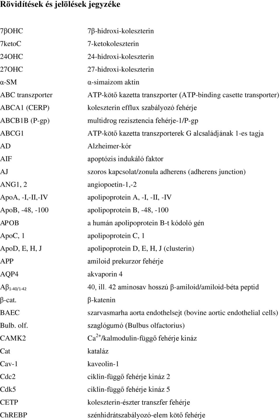 alcsaládjának 1-es tagja AD Alzheimer-kór AIF apoptózis indukáló faktor AJ szoros kapcsolat/zonula adherens (adherens junction) ANG1, 2 angiopoetin-1,-2 ApoA, -I,-II,-IV apolipoprotein A, -I, -II,
