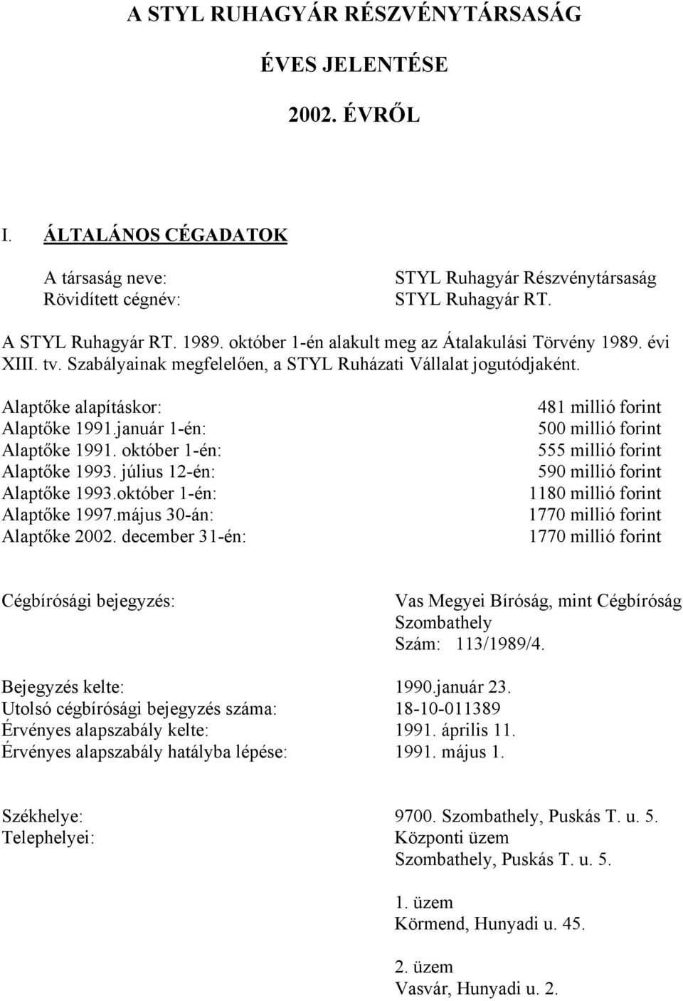 október 1-én: Alaptőke 1993. július 12-én: Alaptőke 1993.október 1-én: Alaptőke 1997.május 30-án: Alaptőke 2002.