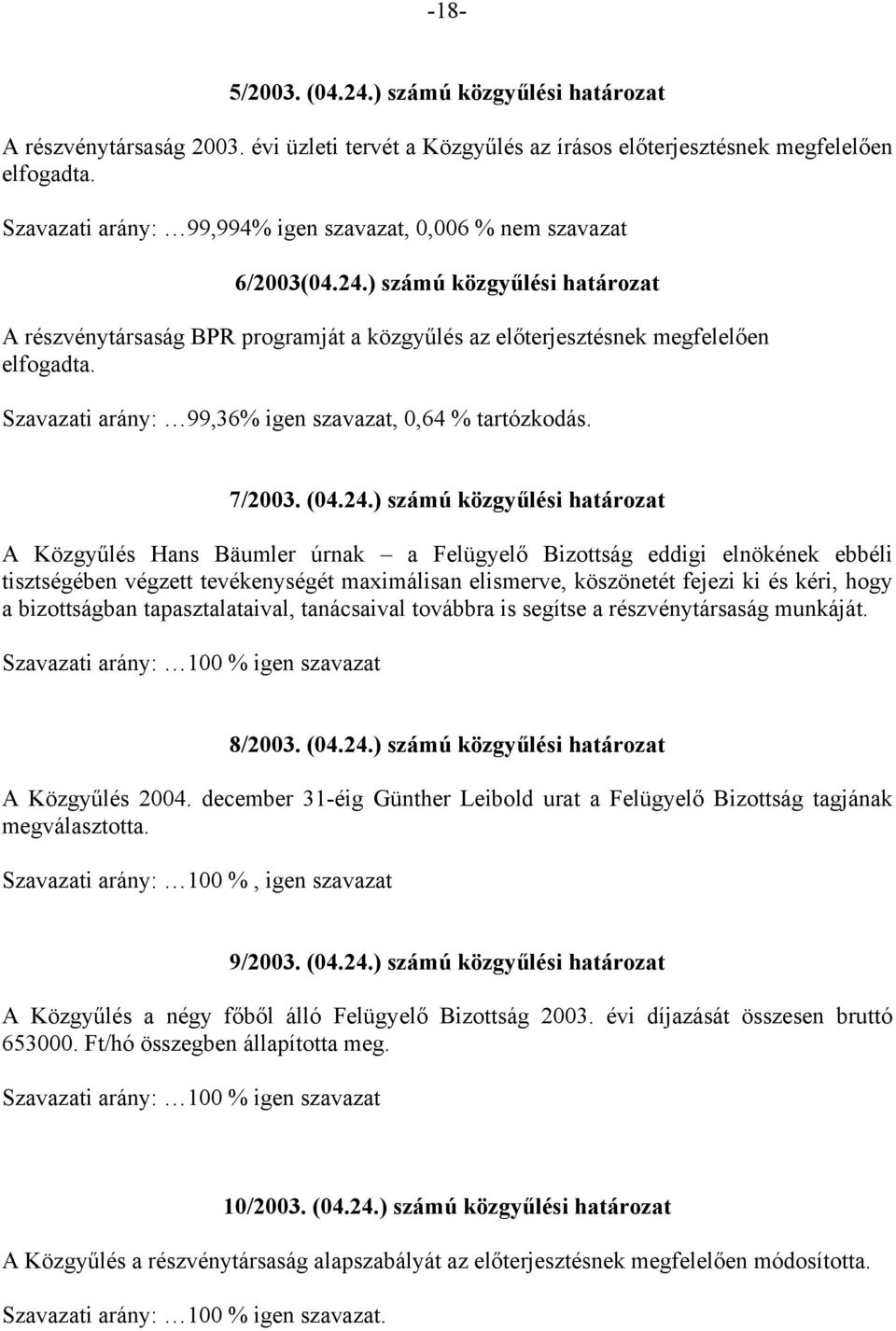 Szavazati arány: 99,36% igen szavazat, 0,64 % tartózkodás. 7/2003. (04.24.