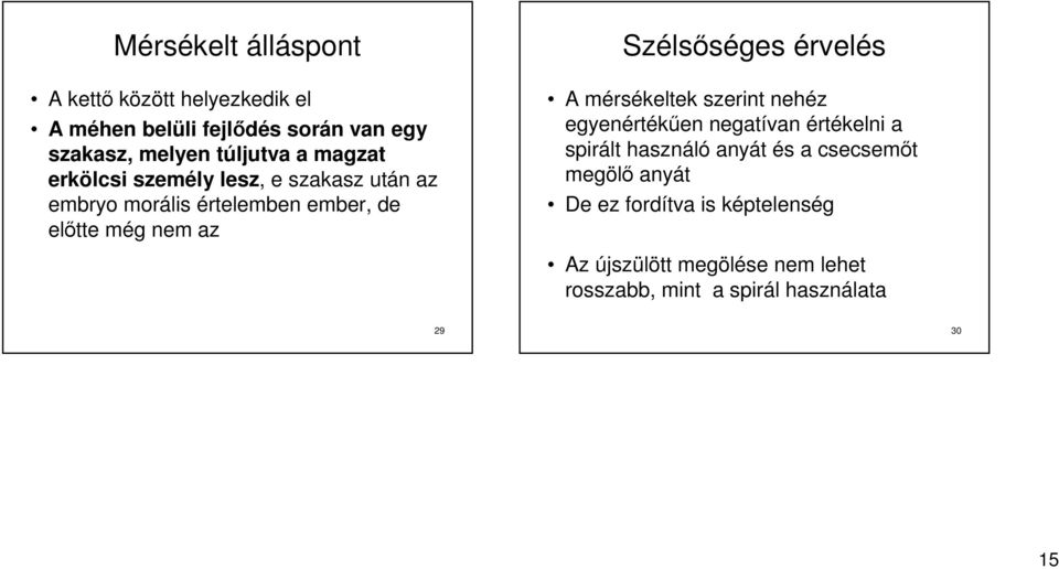 érvelés A mérsékeltek szerint nehéz egyenértékűen negatívan értékelni a spirált használó anyát és a csecsemőt