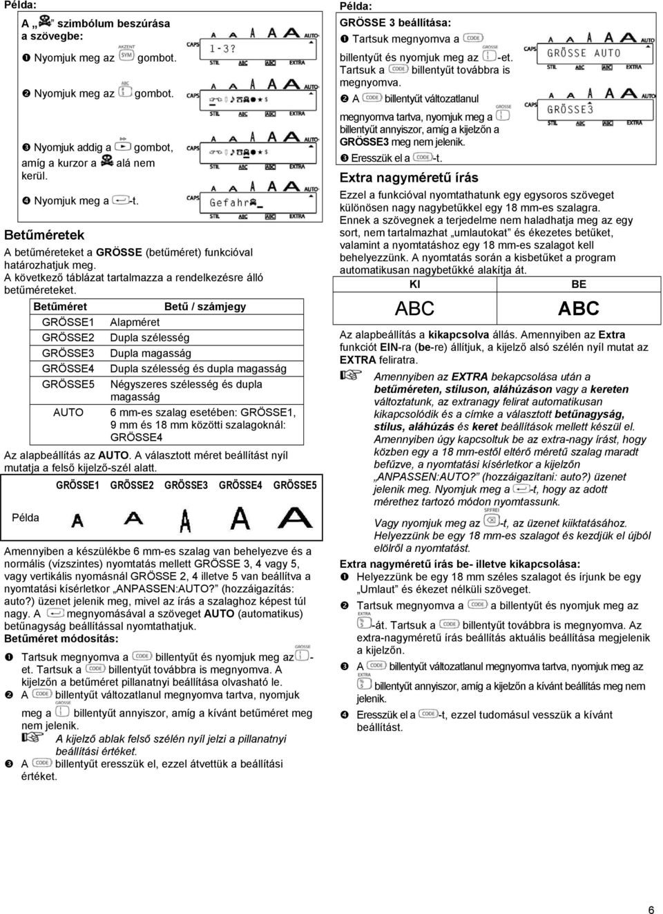 Betűméret GRÖSSE1 GRÖSSE2 GRÖSSE3 GRÖSSE4 GRÖSSE5 AUTO Betű / számjegy Alapméret Dupla szélesség Dupla magasság Dupla szélesség és dupla magasság Négyszeres szélesség és dupla magasság 6 mm-es szalag