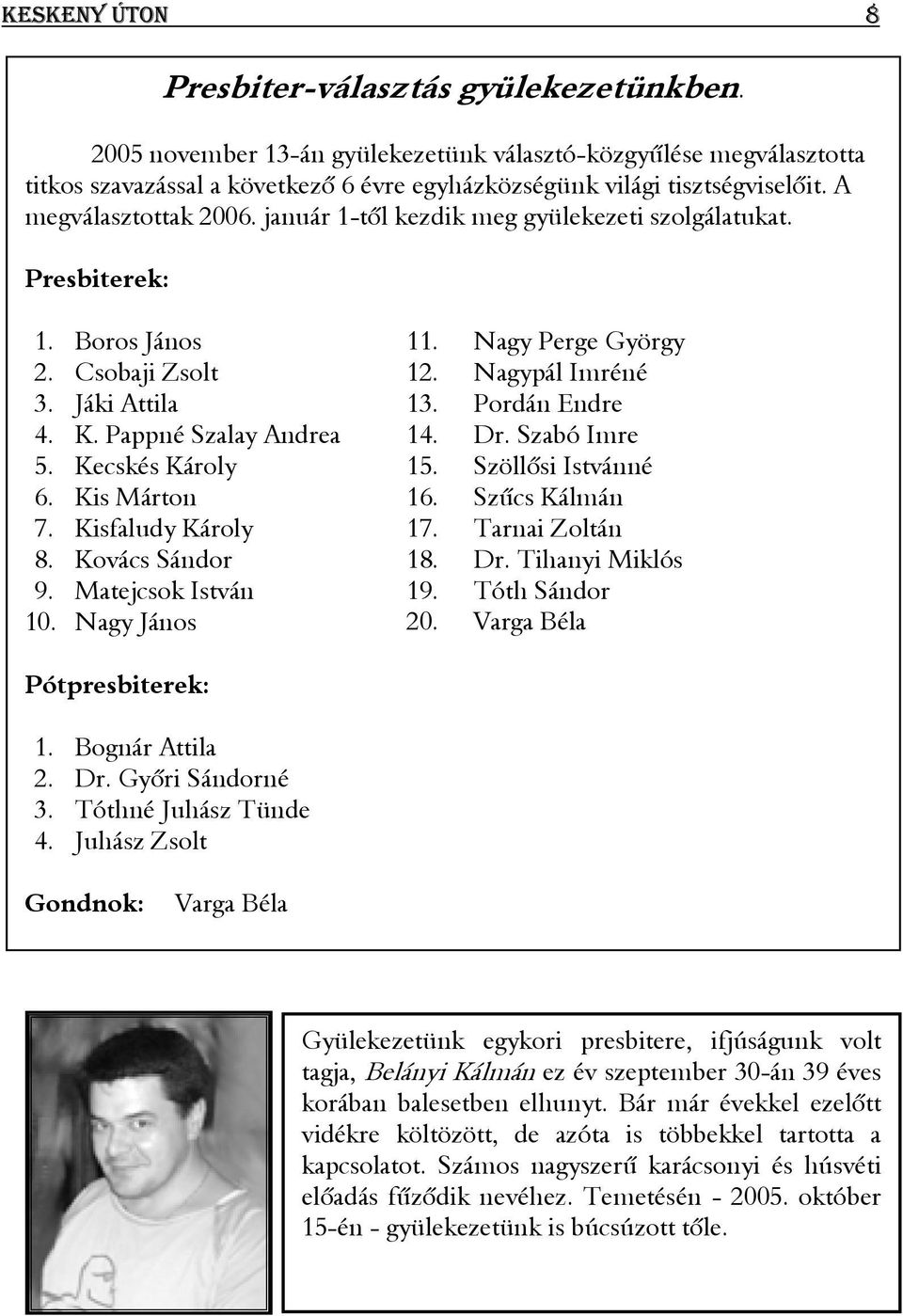 Kisfaludy Károly 8. Kovács Sándor 9. Matejcsok István 10. Nagy János 11. Nagy Perge György 12. Nagypál Imréné 13. Pordán Endre 14. Dr. Szabó Imre 15. Szöllősi Istvánné 16. Szűcs Kálmán 17.