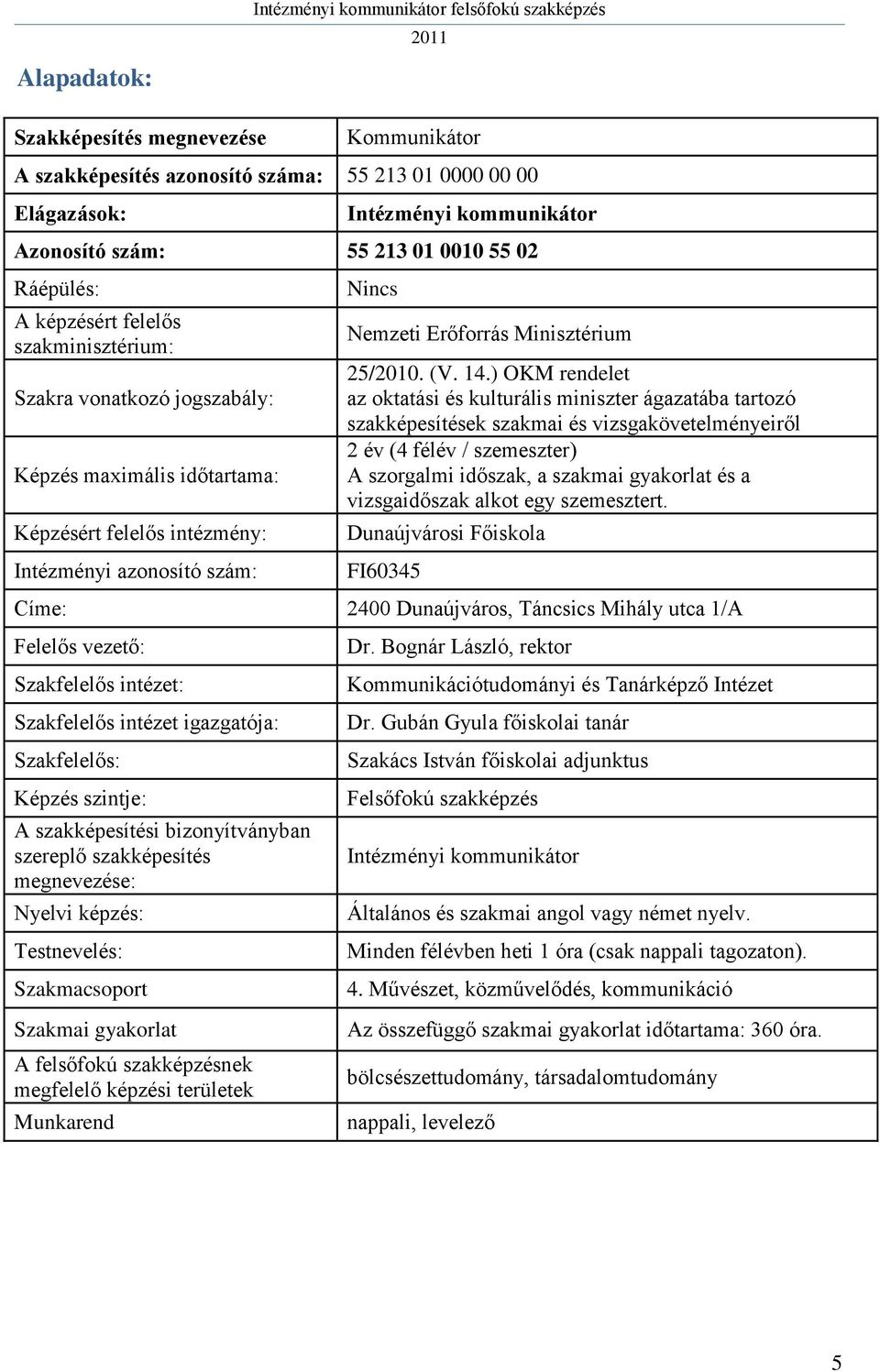 ) OKM rendelet az oktatási és kulturális miniszter ágazatába tartozó szakképesítések szakmai és vizsgakövetelményeiről 2 év (4 félév / szemeszter) A szorgalmi időszak, a szakmai gyakorlat és a