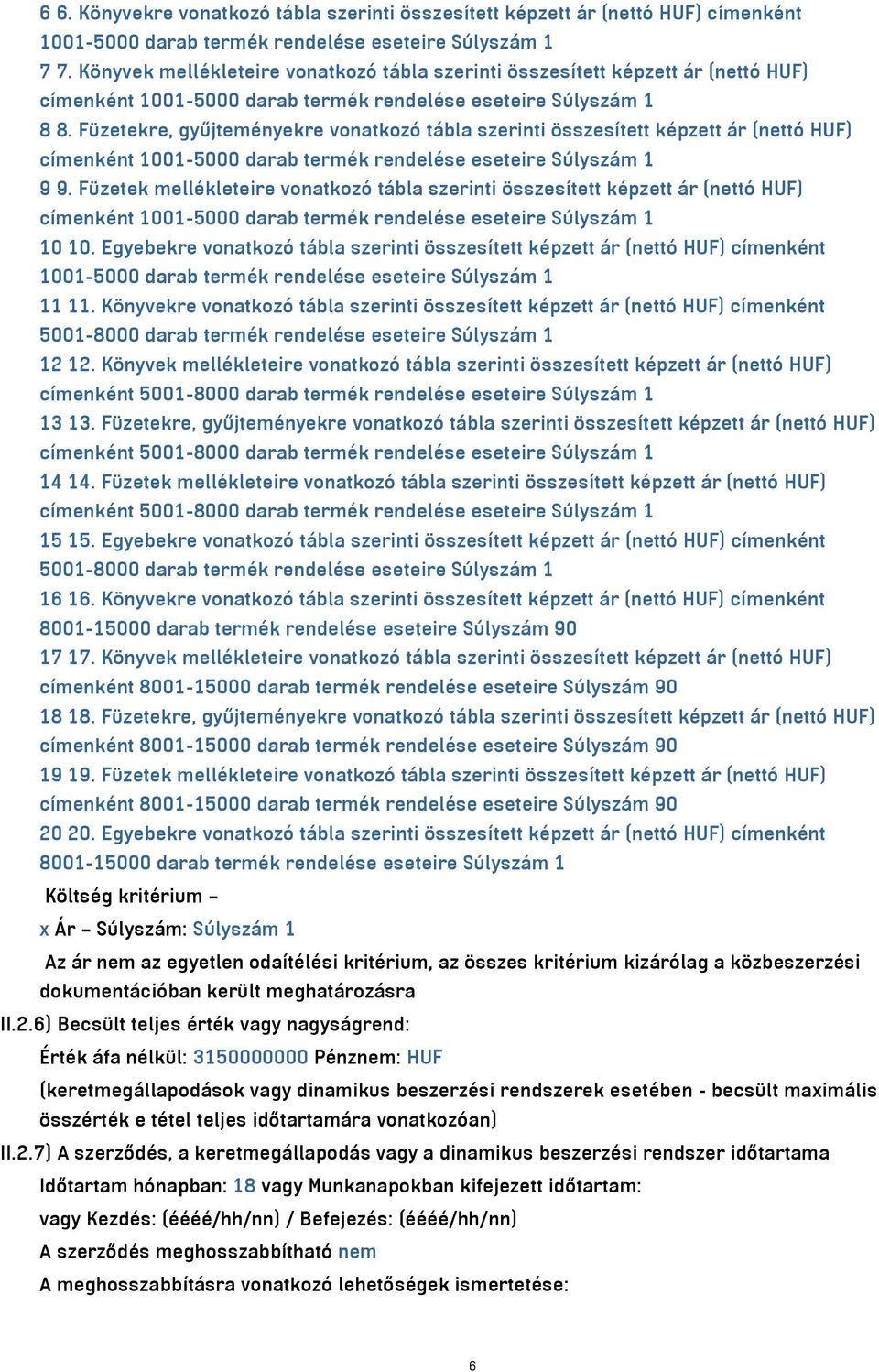 Füzetekre, gyűjteményekre vonatkozó tábla szerinti összesített képzett ár (nettó HUF) címenként 1001-5000 darab termék rendelése eseteire Súlyszám 1 9 9.