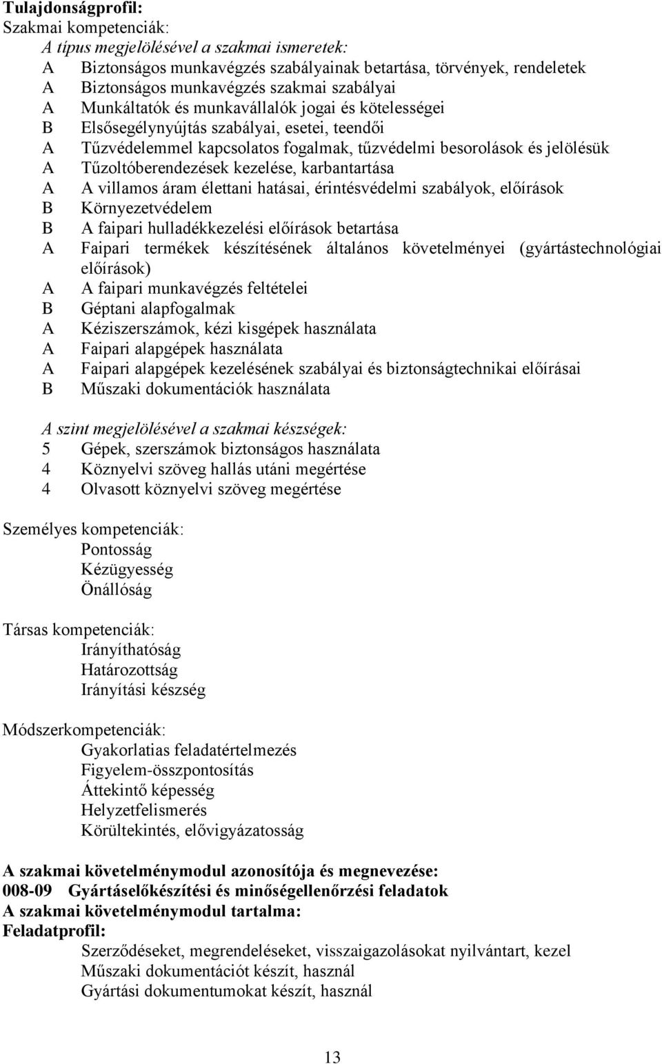 kezelése, karbantartása A A villamos áram élettani hatásai, érintésvédelmi szabályok, előírások Környezetvédelem A faipari hulladékkezelési előírások betartása A Faipari termékek készítésének