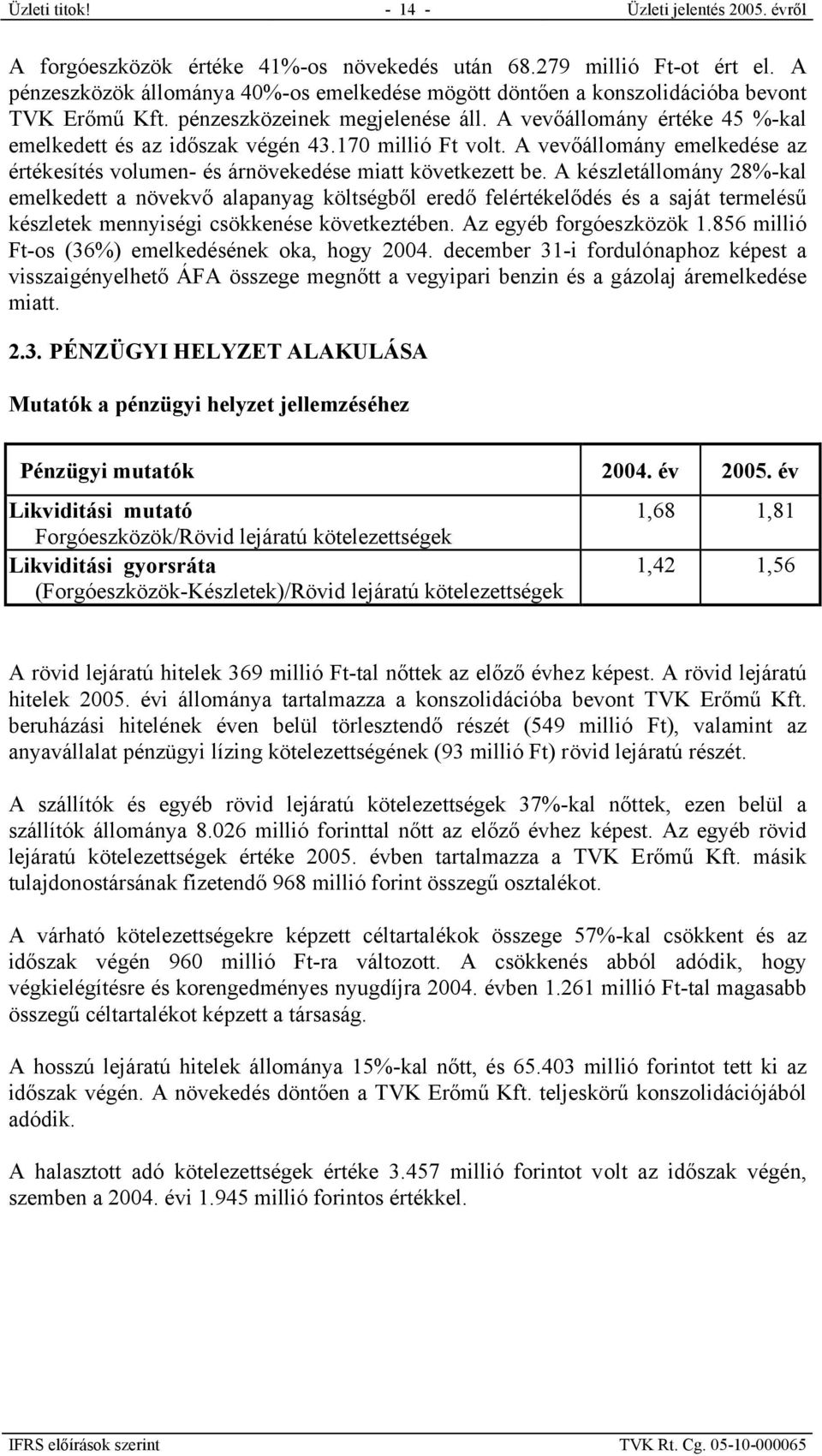 170 millió Ft volt. A vevőállomány emelkedése az értékesítés volumen- és árnövekedése miatt következett be.