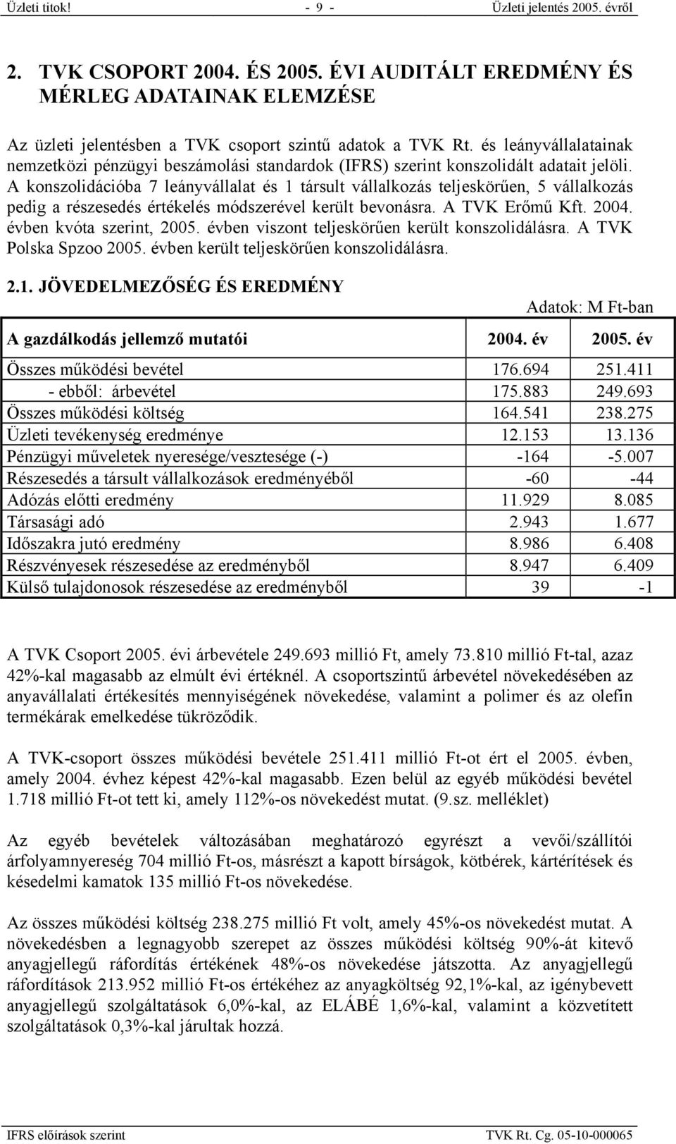 A konszolidációba 7 leányvállalat és 1 társult vállalkozás teljeskörűen, 5 vállalkozás pedig a részesedés értékelés módszerével került bevonásra. A TVK Erőmű Kft. 2004. évben kvóta szerint, 2005.