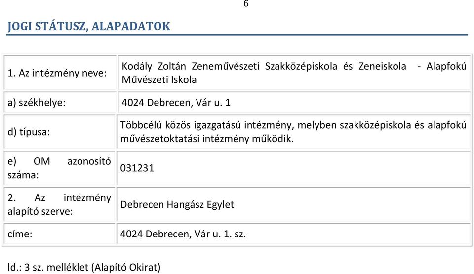 székhelye: 4024 Debrecen, Vár u. 1 d) típusa: e) OM azonosító száma: 2.