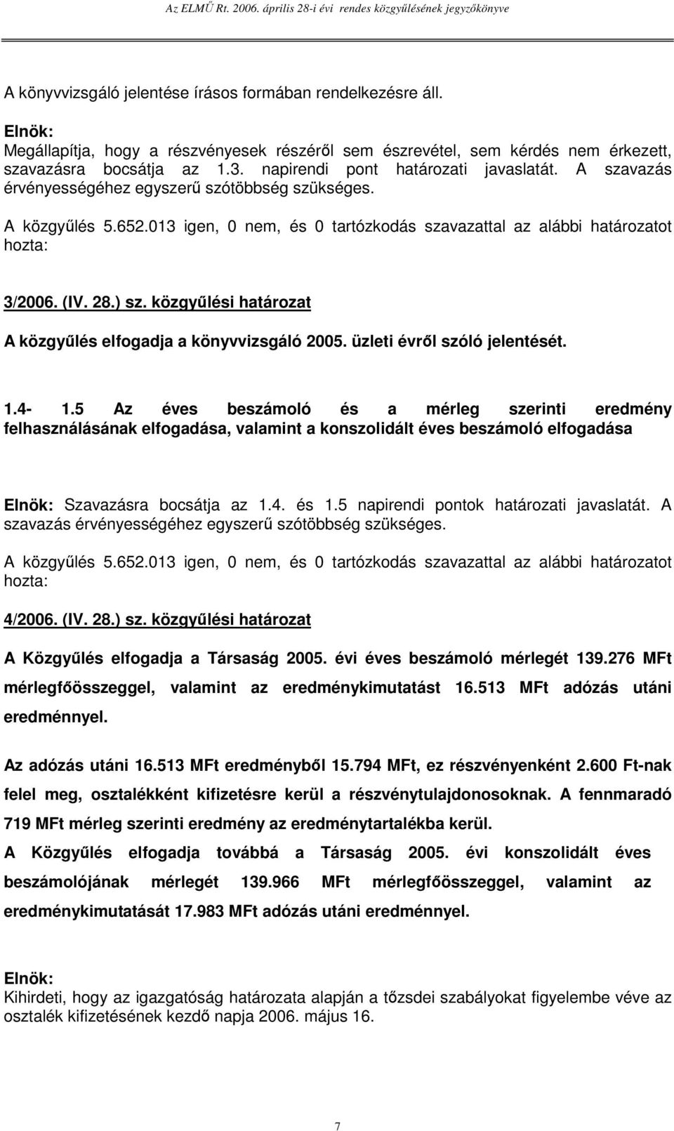 28.) sz. közgylési határozat A közgylés elfogadja a könyvvizsgáló 2005. üzleti évrl szóló jelentését. 1.4-1.