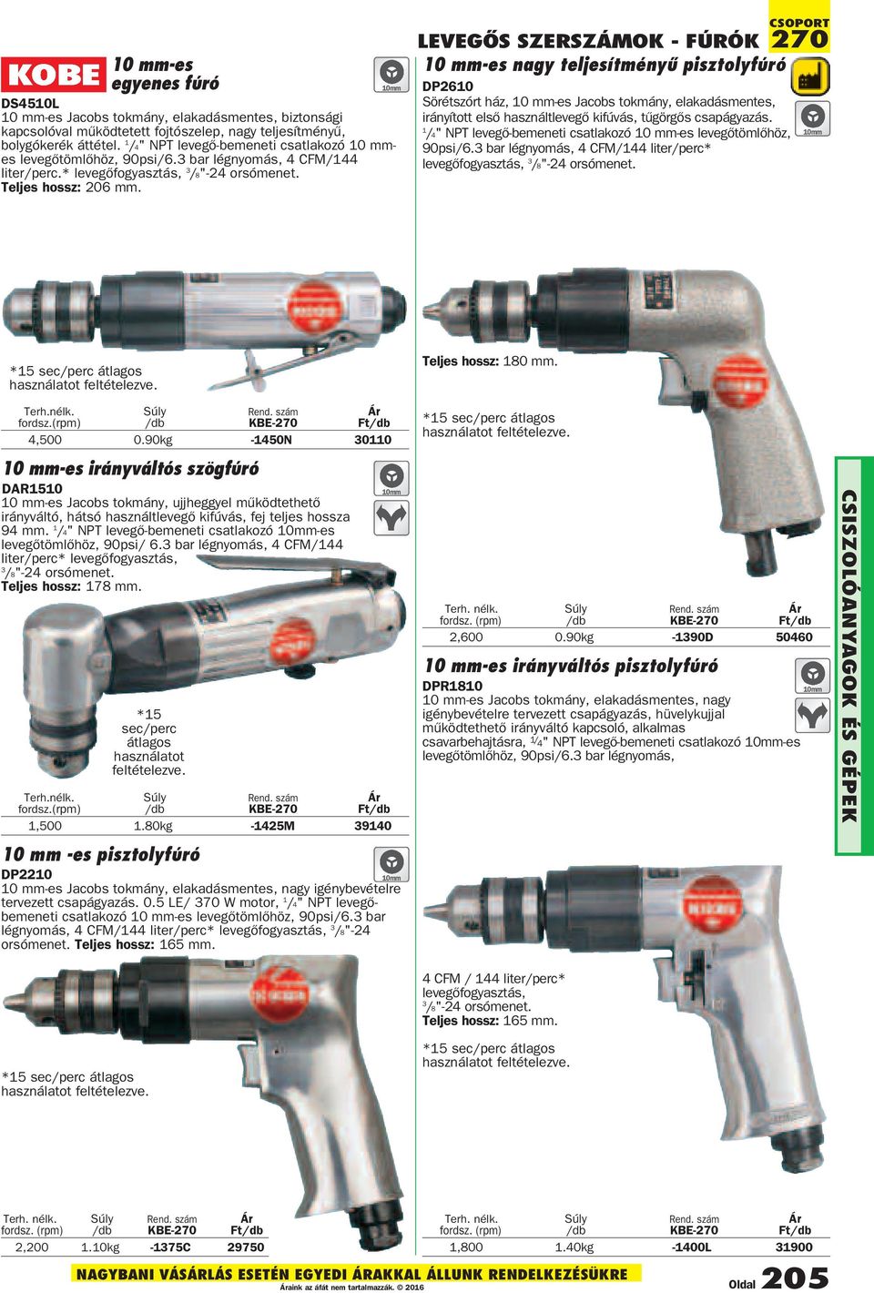 10mm LEVEGŐS SZERSZÁMOK - FÚRóK 10 mm-es nagy teljesítményű pisztolyfúró DP2610 Sörétszórt ház, 10 mm-es Jacobs tokmány, elakadásmentes, irányított elsõ használtlevegõ kifúvás, tûgörgõs csapágyazás.