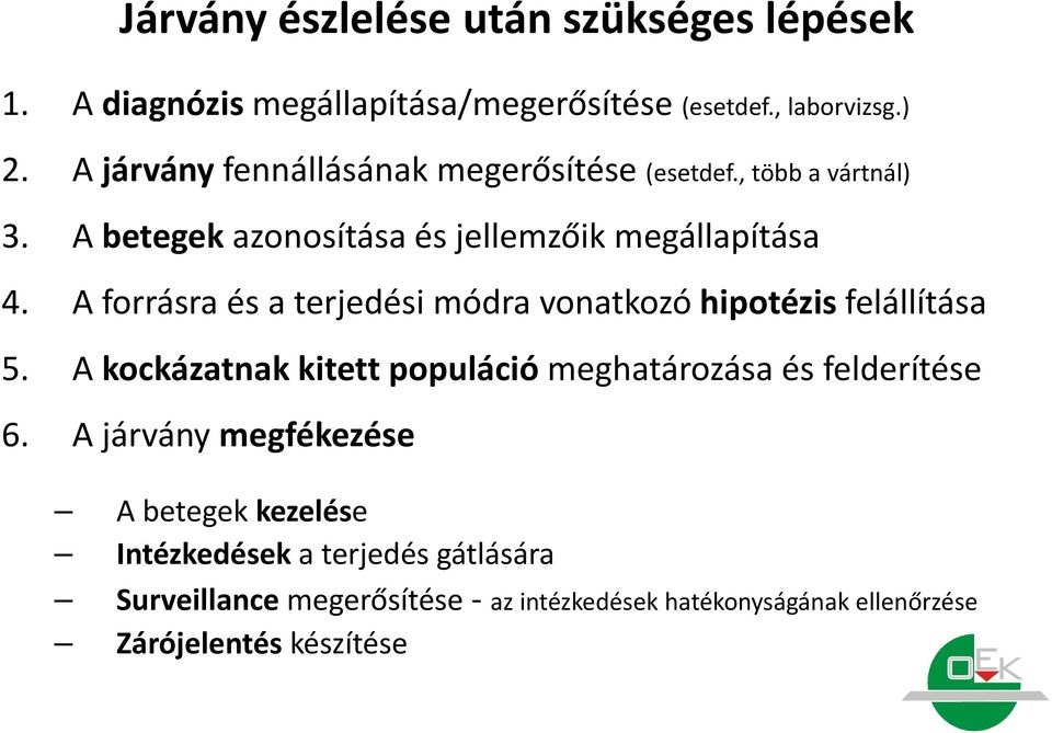 A forrásra és a terjedési módra vonatkozó hipotézis felállítása 5. A kockázatnak kitett populáció meghatározása és felderítése 6.