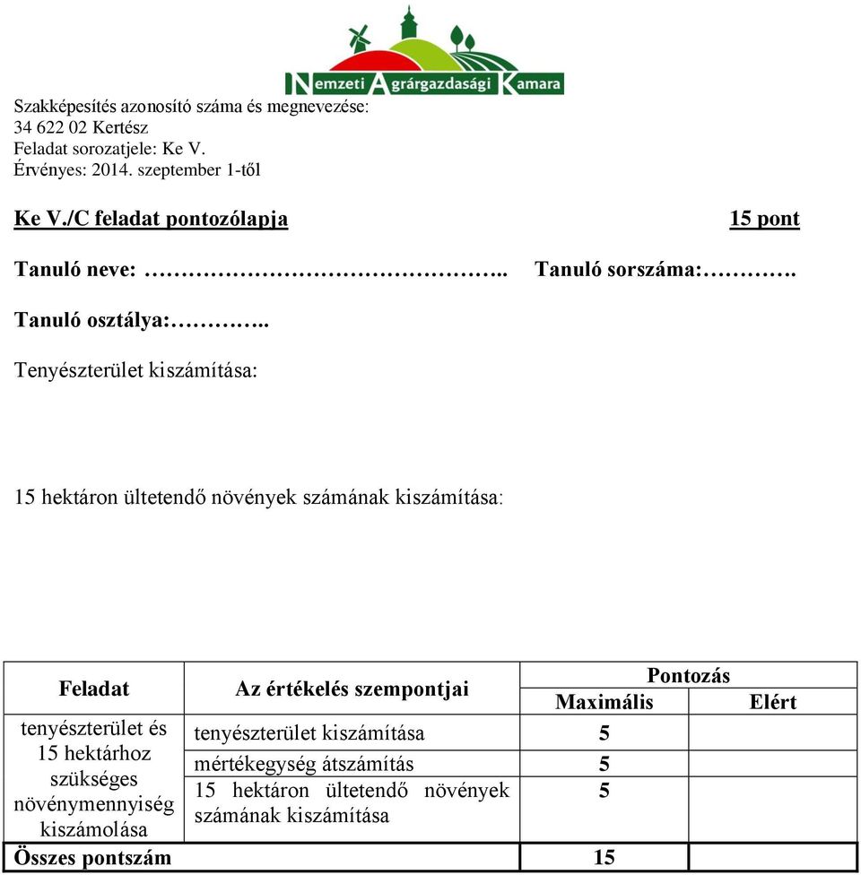 és 15 hektárhoz szükséges növénymennyiség kiszámolása Az értékelés szempontjai Pontozás Maximális