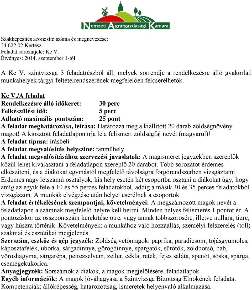 /A feladat Rendelkezésre álló időkeret: 30 perc Felkészülési idő: 5 perc Adható maximális pontszám: 25 pont A feladat meghatározása, leírása: Határozza meg a kiállított 20 darab zöldségnövény magot!