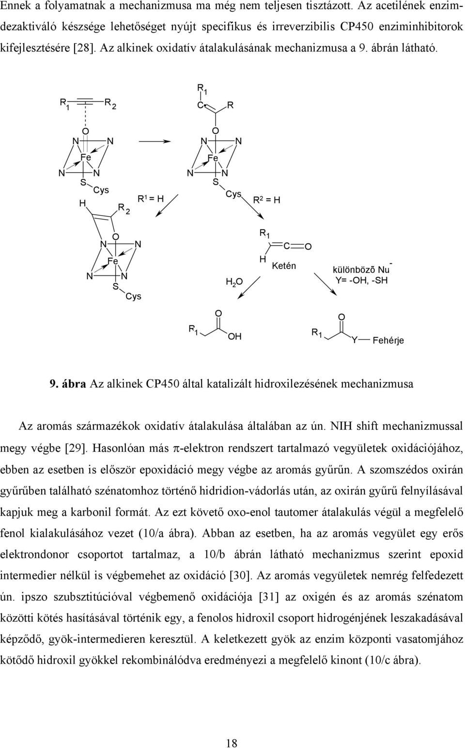 ábra Az alkinek CP450 által katalizált hidroxilezésének mechanizmusa Az aromás származékok oxidatív átalakulása általában az ún. I shift mechanizmussal megy végbe [29].
