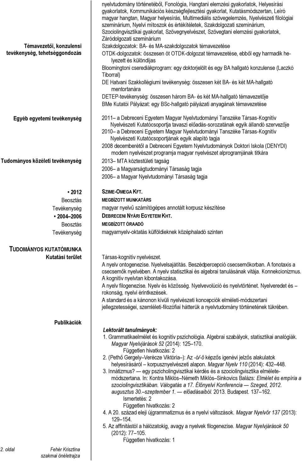 Nyelvészeti filológiai szeminárium, Nyelvi mítoszok és értékítéletek, Szakdolgozati szeminárium, Szociolingvisztikai gyakorlat, Szövegnyelvészet, Szövegtani elemzési gyakorlatok, Záródolgozati