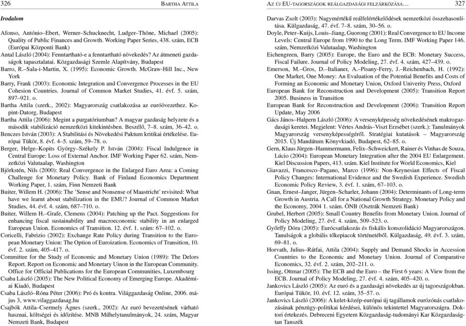 Közgazdasági Szemle Alapítvány, Budapest Barro, R. Sala-i-Martin, X. (1995): Economic Growth. McGraw-Hill Inc.