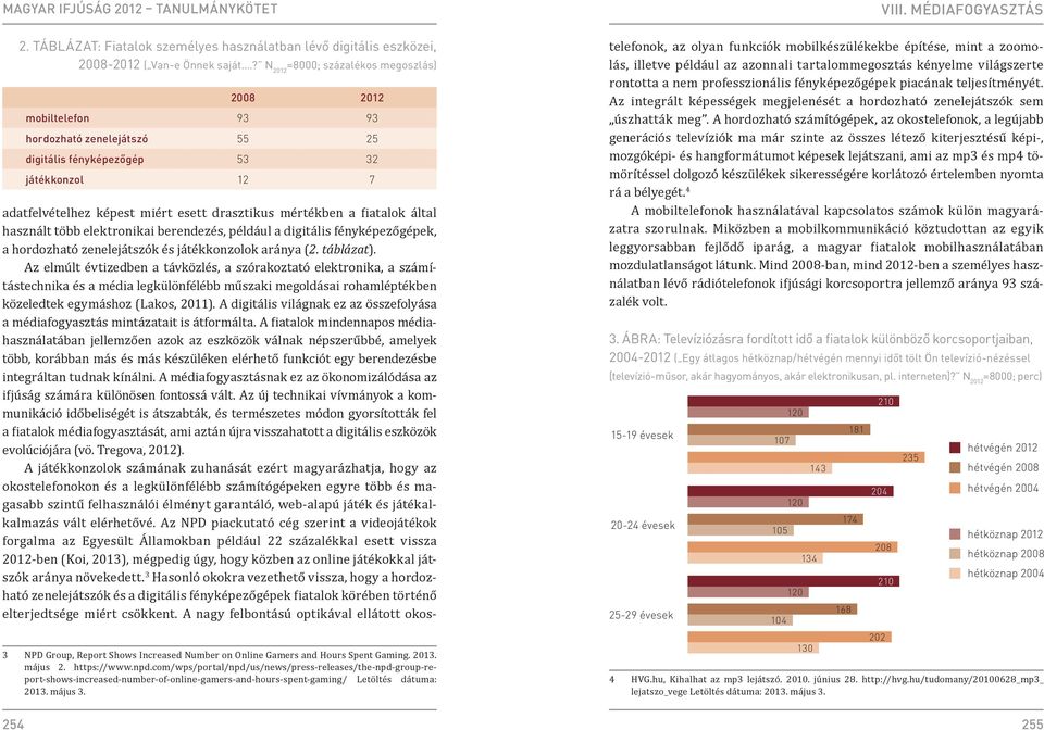 fiatalok által használt több elektronikai berendezés, például a digitális fényképezőgépek, a hordozható zenelejátszók és játékkonzolok aránya (2. táblázat).