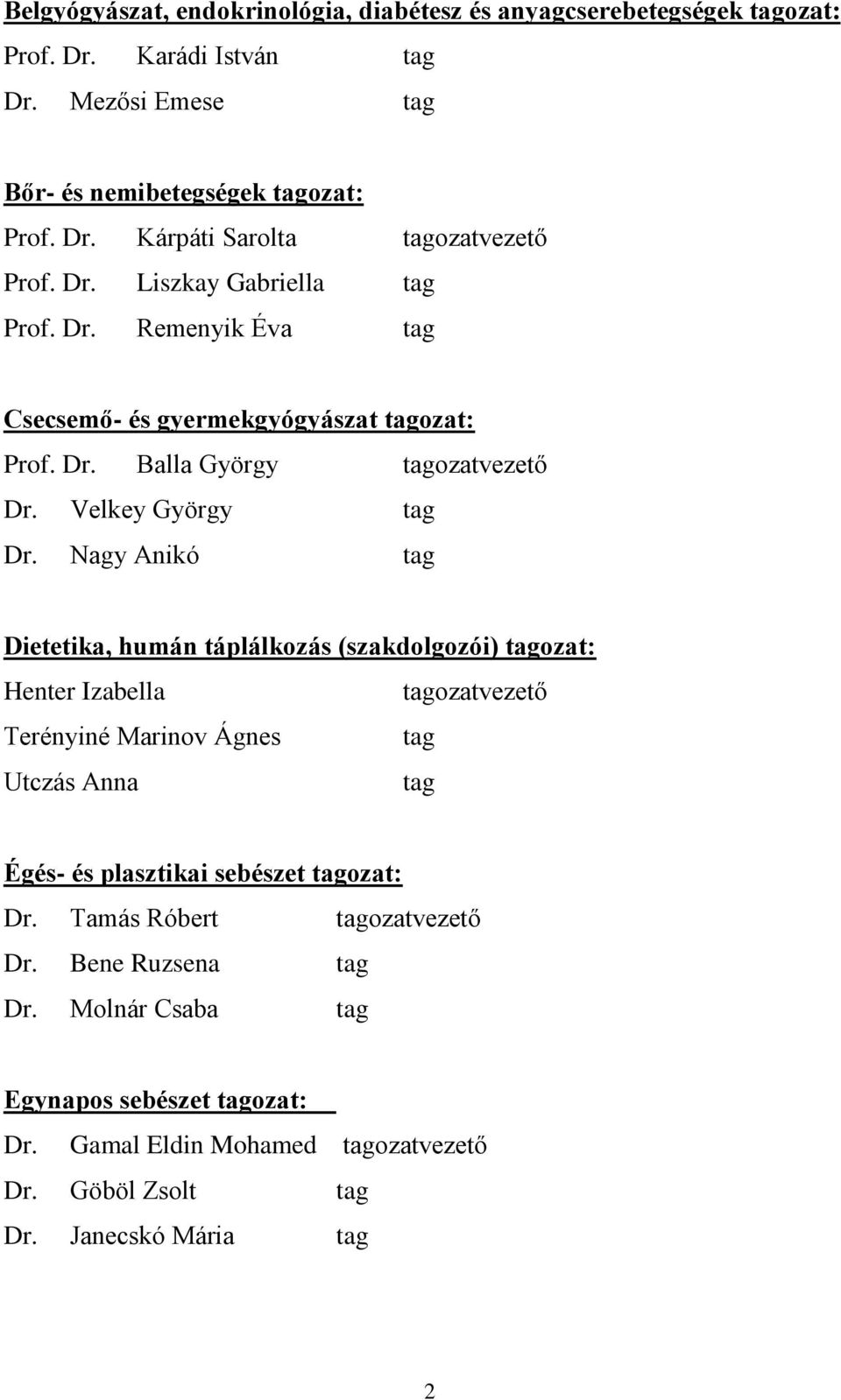 Nagy Anikó tag Dietetika, humán táplálkozás (szakdolgozói) tagozat: Henter Izabella tagozatvezető Terényiné Marinov Ágnes tag Utczás Anna tag Égés- és plasztikai sebészet tagozat: