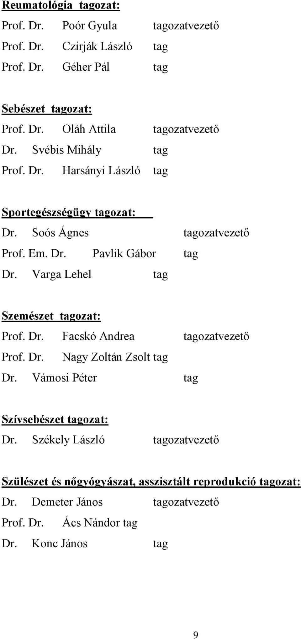 Varga Lehel tag Szemészet tagozat: Prof. Dr. Facskó Andrea tagozatvezető Prof. Dr. Nagy Zoltán Zsolt tag Dr. Vámosi Péter tag Szívsebészet tagozat: Dr.