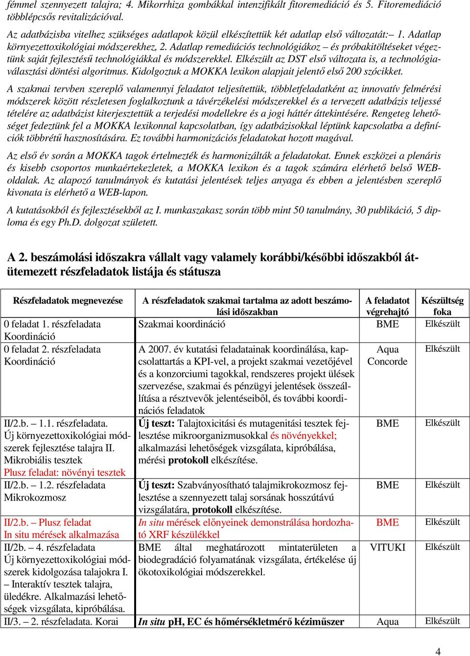 Adatlap remediációs technológiákoz és próbakitöltéseket végeztünk saját fejlesztéső technológiákkal és módszerekkel. az DST elsı változata is, a technológiaválasztási döntési algoritmus.