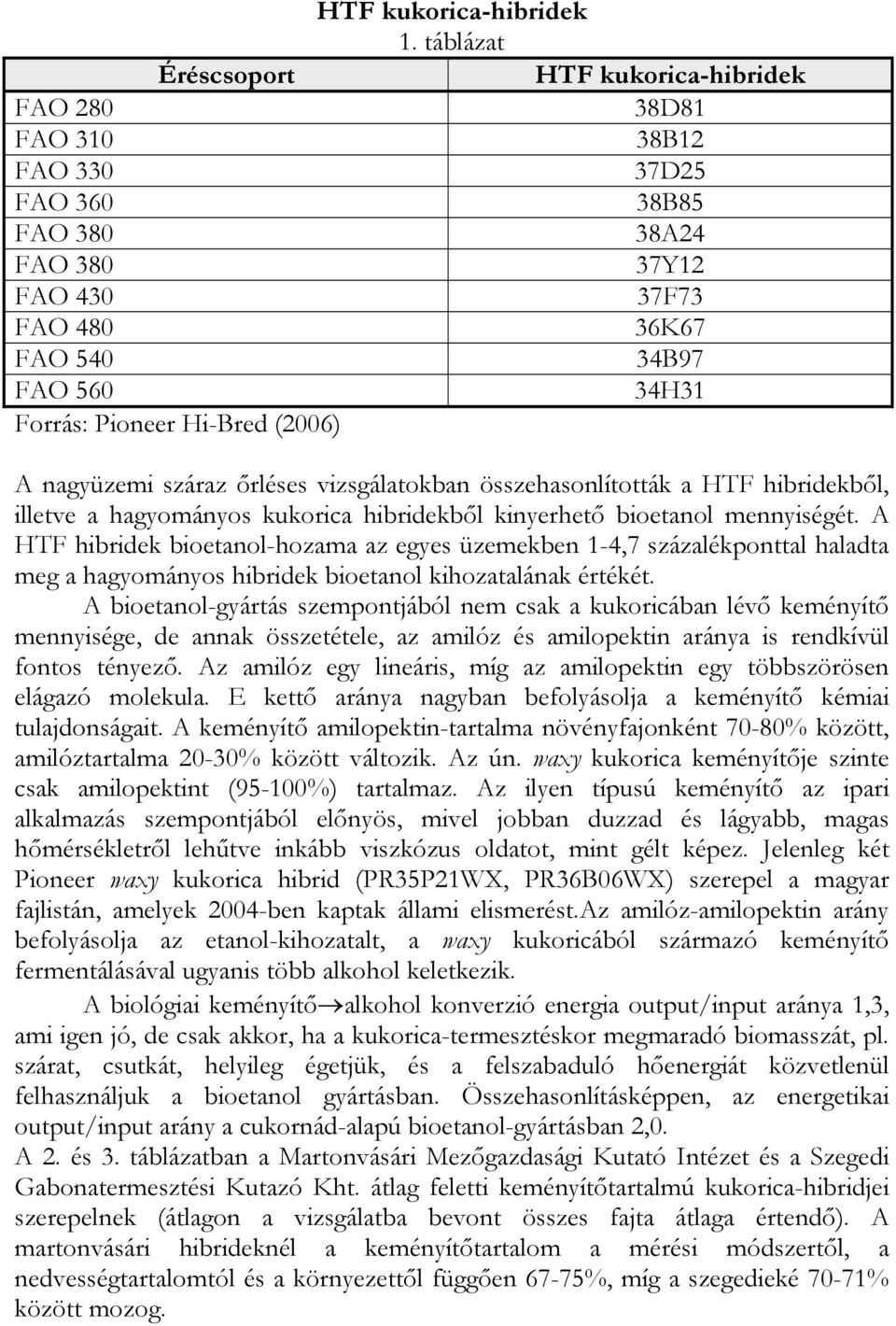 Hi-Bred (2006) A nagyüzemi száraz őrléses vizsgálatokban összehasonlították a HTF hibridekből, illetve a hagyományos kukorica hibridekből kinyerhető bioetanol mennyiségét.