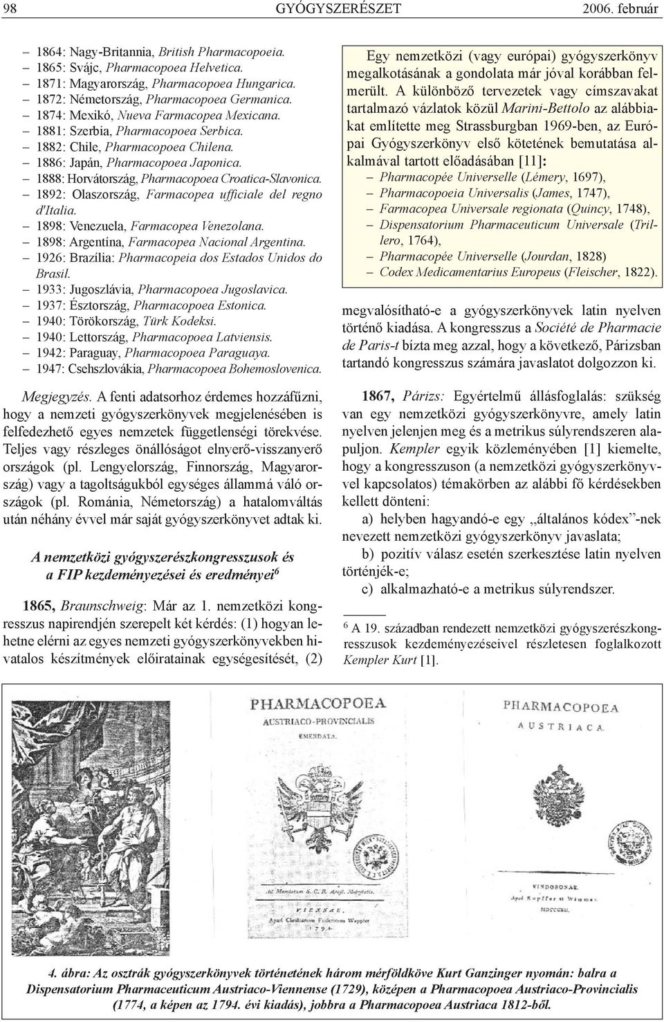 1888: Horvátország, Pharmacopoea Croatica-Slavonica. 1892: Olaszország, Farmacopea ufficiale del regno d'italia. 1898: Venezuela, Farmacopea Venezolana. 1898: Argentína, Farmacopea Nacional Argentina.