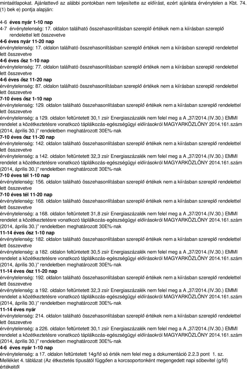 oldalon található összehasonlításban szerepl értékek nem a kiírásban szerepl rendelettel 4-6 éves sz 1-10 nap érvénytelenség: 77.