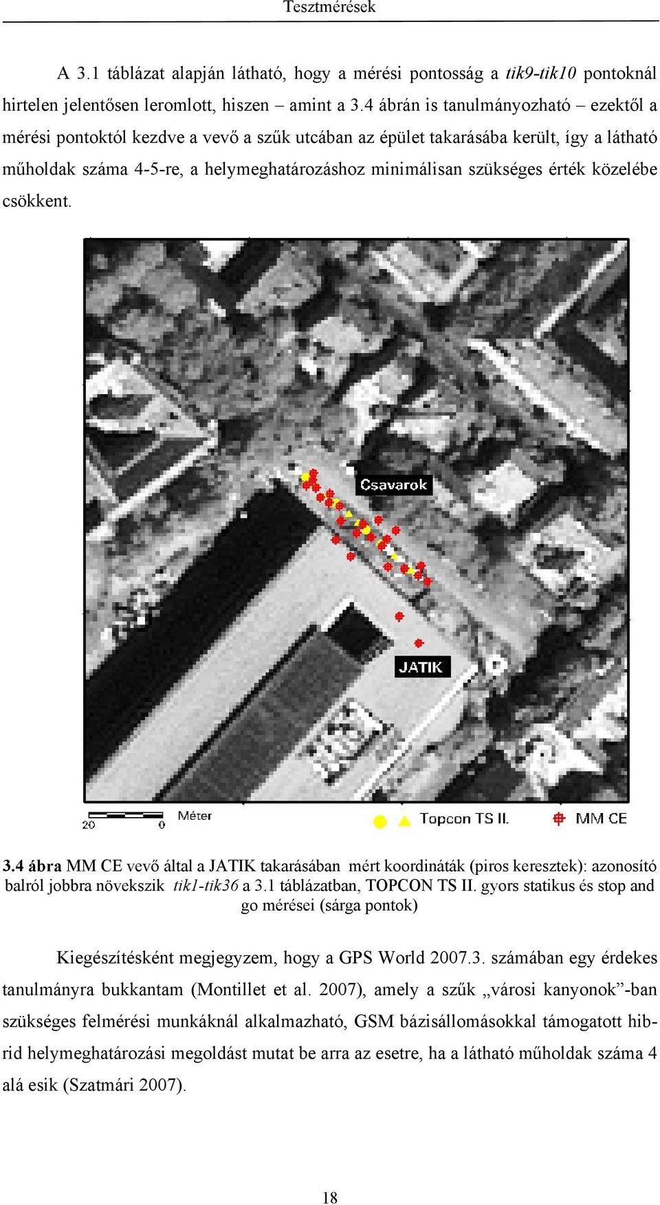 közelébe csökkent. 3.4 ábra MM CE vevő által a JATIK takarásában mért koordináták (piros keresztek): azonosító balról jobbra növekszik tik1-tik36 a 3.1 táblázatban, TOPCON TS II.