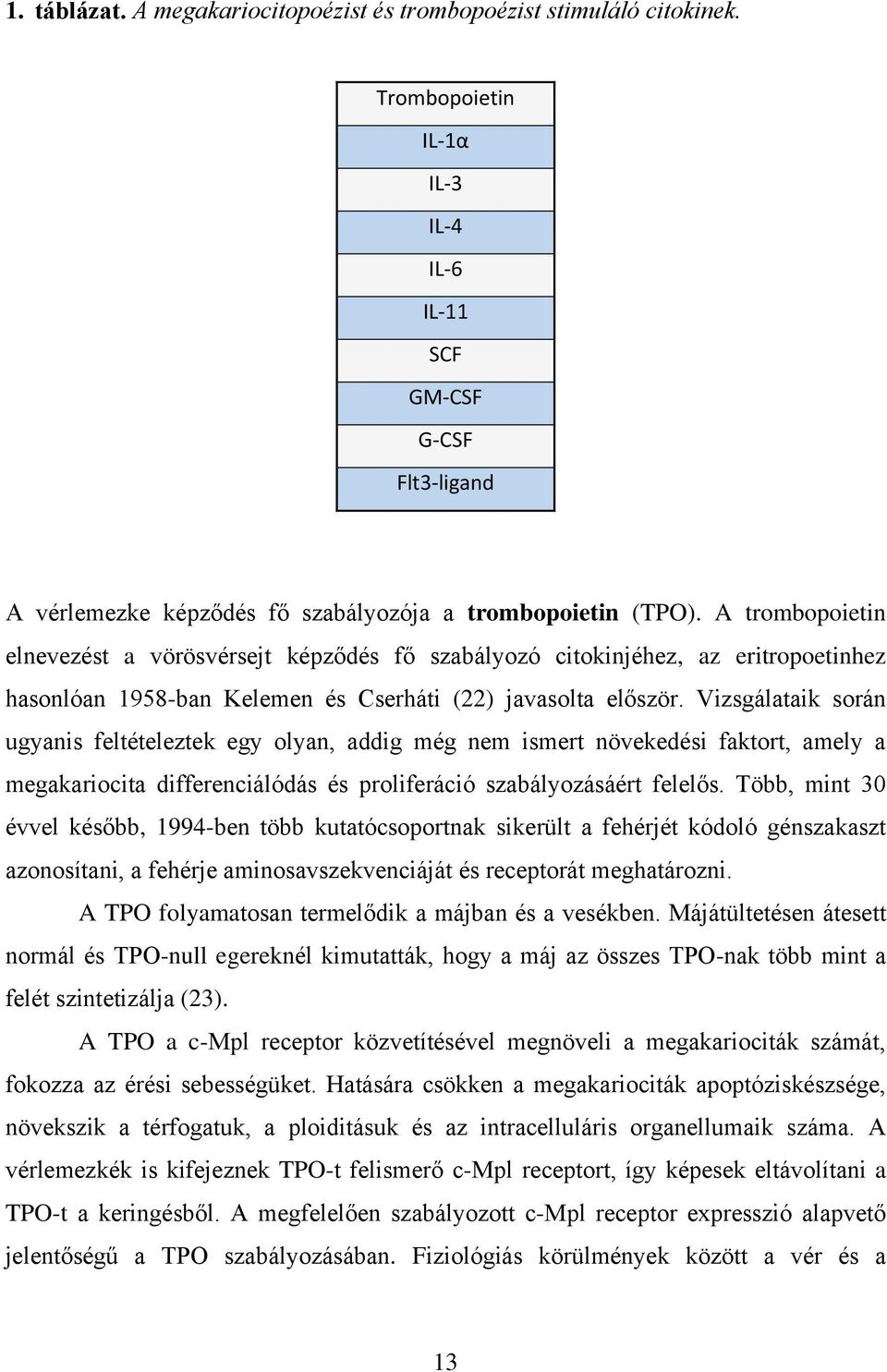 A trombopoietin elnevezést a vörösvérsejt képződés fő szabályozó citokinjéhez, az eritropoetinhez hasonlóan 1958-ban Kelemen és Cserháti (22) javasolta először.