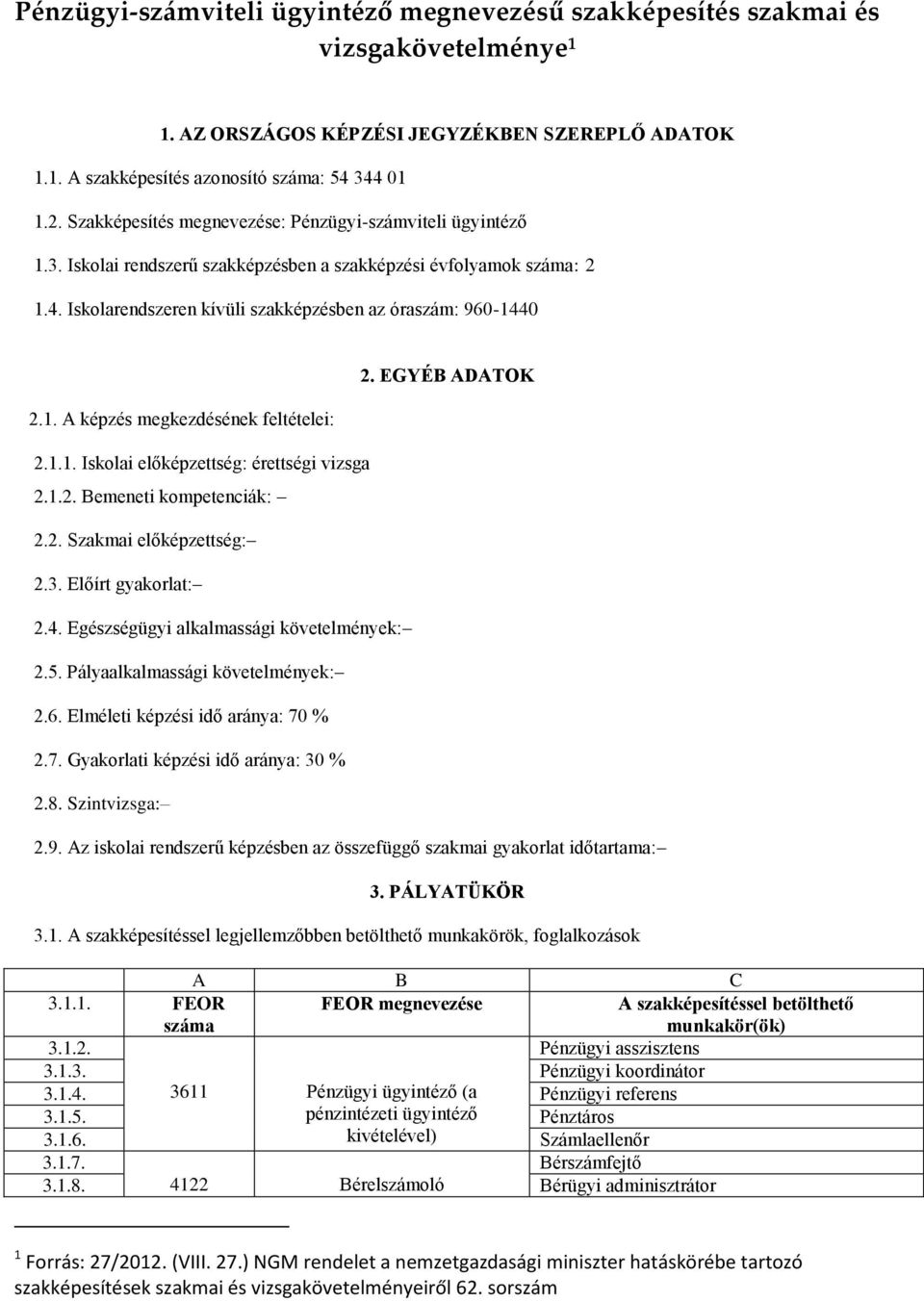 EGYÉB ADATOK 2.1. A képzés megkezdésének feltételei: 2.1.1. Iskolai előképzettség: érettségi vizsga 2.1.2. Bemeneti kompetenciák: 2.2. Szakmai előképzettség: 2.3. Előírt gyakorlat: 2.4.