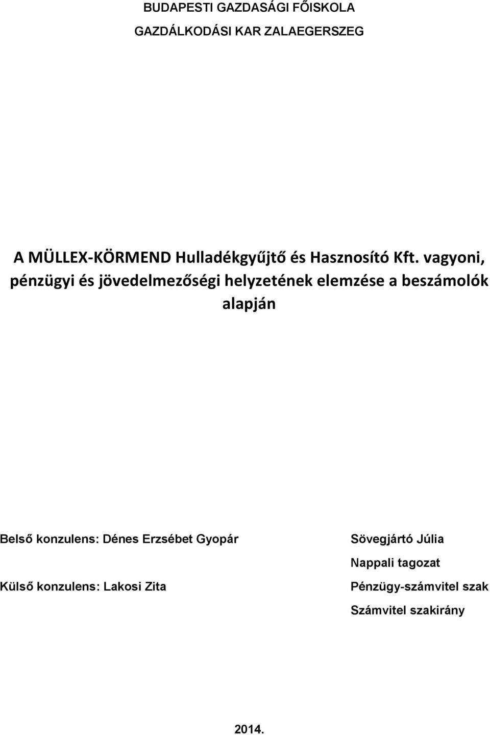 vagyoni, pénzügyi és jövedelmezőségi helyzetének elemzése a beszámolók alapján Belső