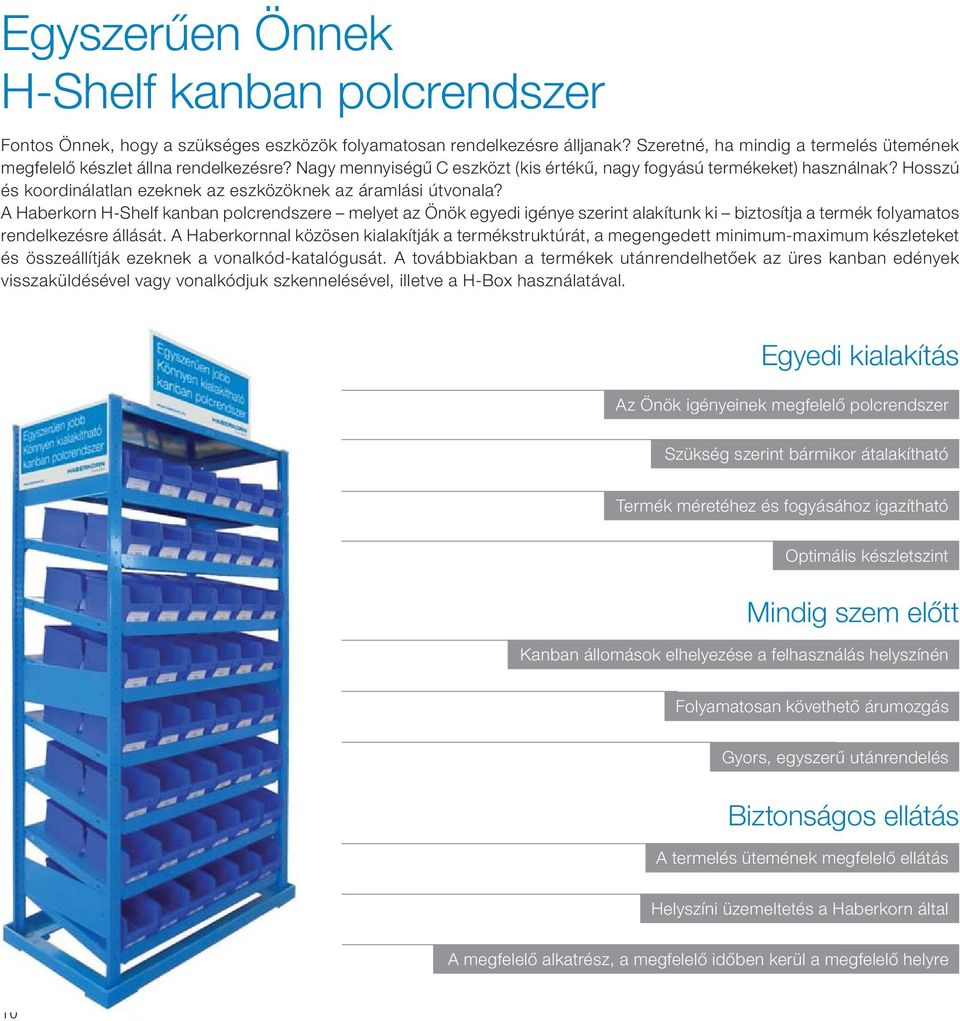 A Haberkorn H-Shelf kanban polcrendszere melyet az Önök egyedi igénye szerint alakítunk ki biztosítja a termék folyamatos rendelkezésre állását.