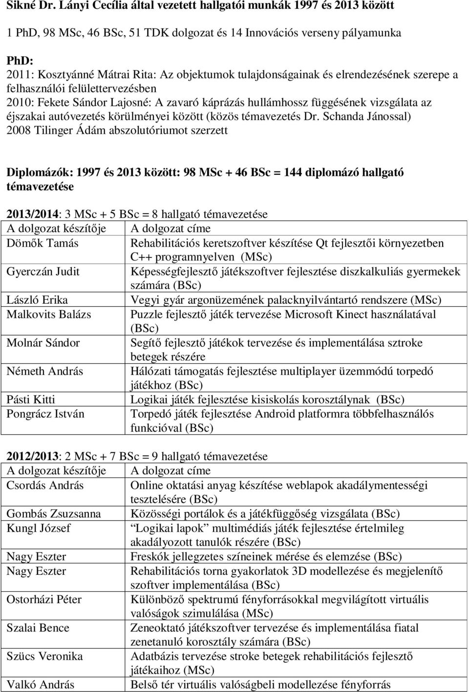 tulajdonságainak és elrendezésének szerepe a felhasználói felülettervezésben 2010: Fekete Sándor Lajosné: A zavaró káprázás hullámhossz függésének vizsgálata az éjszakai autóvezetés körülményei