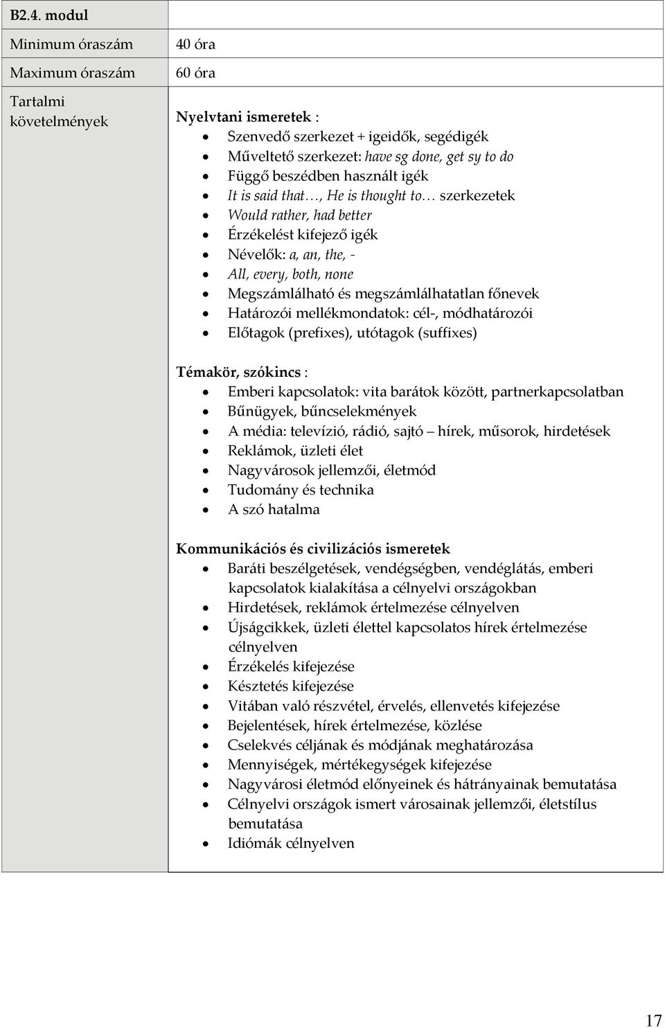 módhatározói Előtagok (prefixes), utótagok (suffixes) Témakör, szókincs : Emberi kapcsolatok: vita barátok között, partnerkapcsolatban Bűnügyek, bűncselekmények A média: televízió, rádió, sajtó