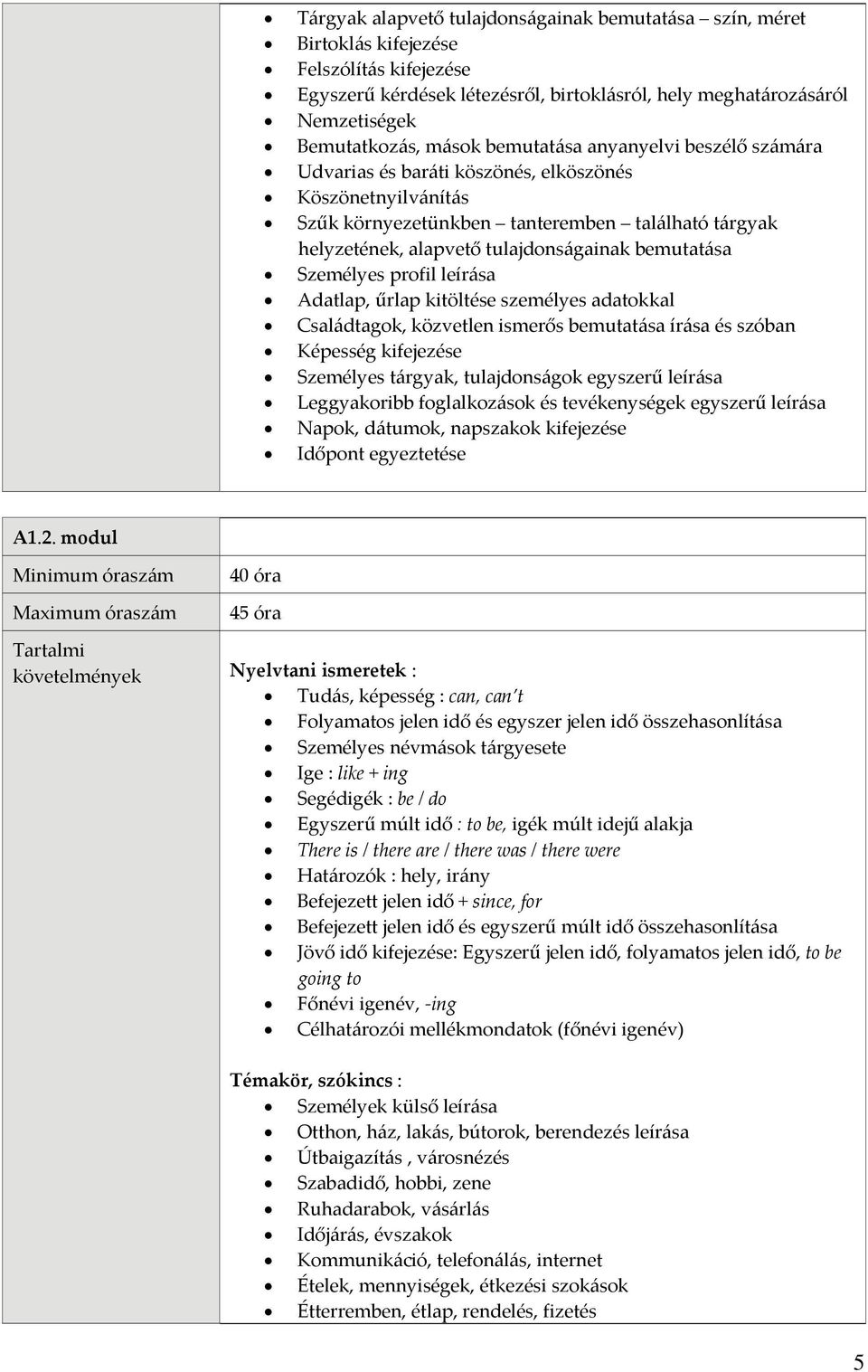 Személyes profil leírása Adatlap, űrlap kitöltése személyes adatokkal Családtagok, közvetlen ismerős bemutatása írása és szóban Képesség kifejezése Személyes tárgyak, tulajdonságok egyszerű leírása