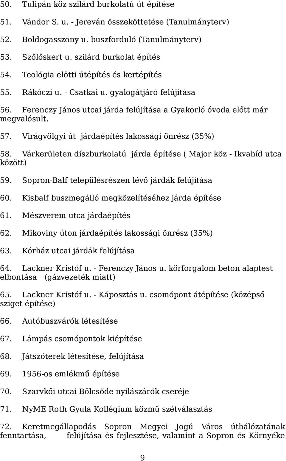 Virágvölgyi út járdaépítés lakossági önrész (35%) 58. Várkerületen díszburkolatú járda építése ( Major köz - Ikvahíd utca között) 59. Sopron-Balf településrészen lévő járdák felújítása 60.