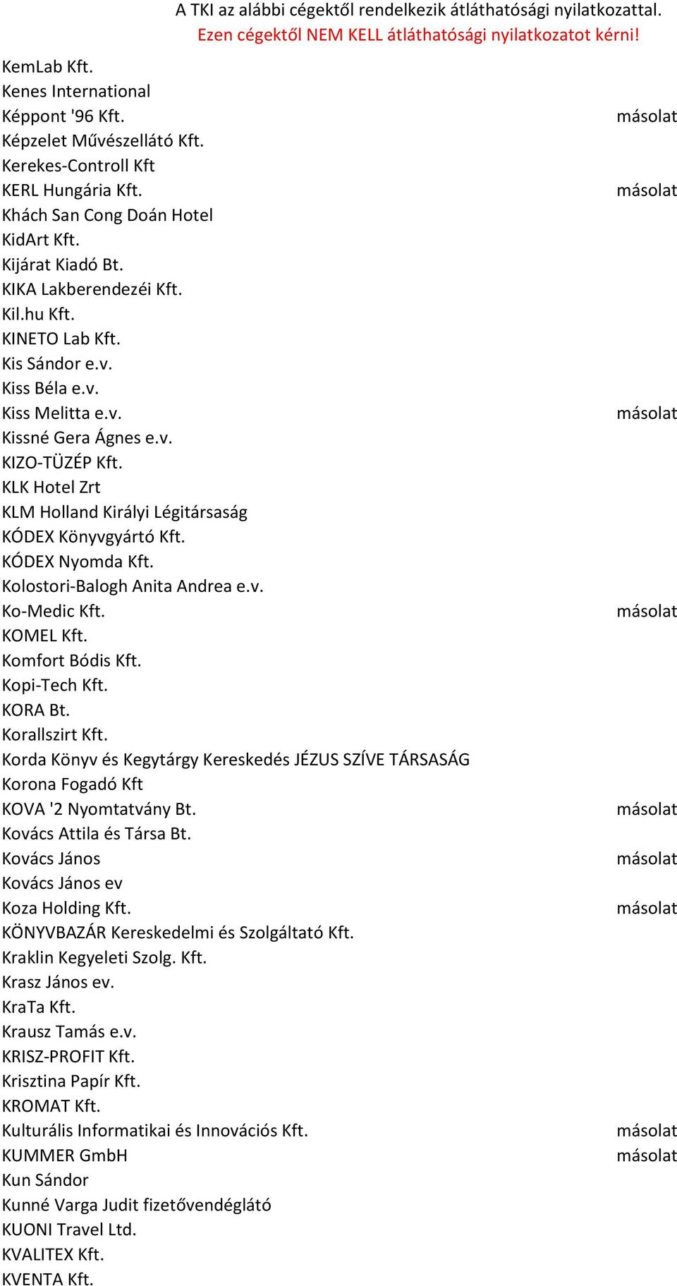 Kolostori-Balogh Anita Andrea e.v. Ko-Medic Kft. KOMEL Kft. Komfort Bódis Kft. Kopi-Tech Kft. KORA Bt. Korallszirt Kft.