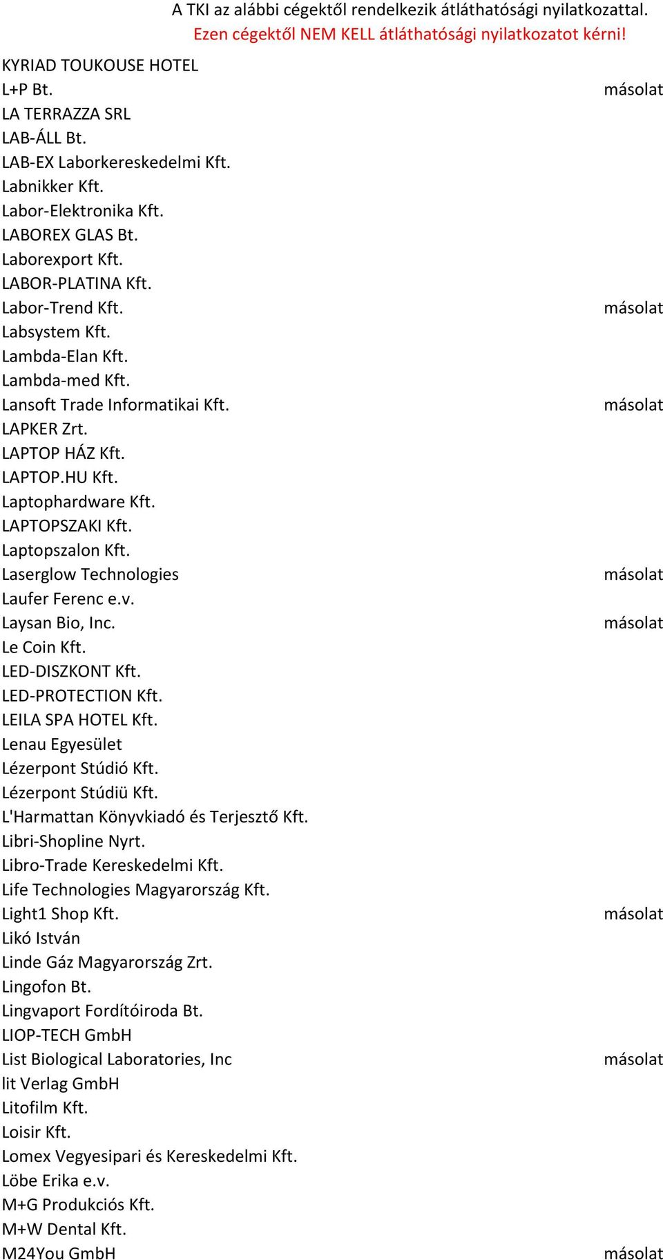 Laserglow Technologies Laufer Ferenc e.v. Laysan Bio, Inc. Le Coin Kft. LED-DISZKONT Kft. LED-PROTECTION Kft. LEILA SPA HOTEL Kft. Lenau Egyesület Lézerpont Stúdió Kft. Lézerpont Stúdiü Kft.