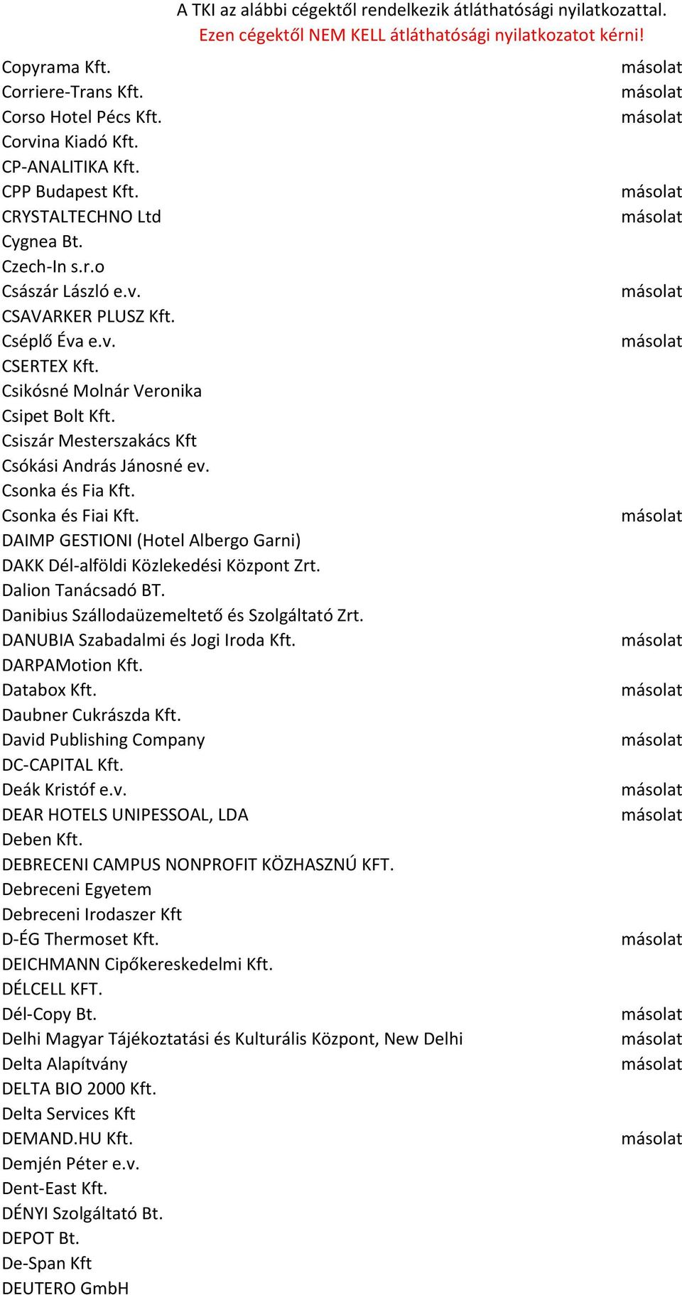 DAIMP GESTIONI (Hotel Albergo Garni) DAKK Dél-alföldi Közlekedési Központ Zrt. Dalion Tanácsadó BT. Danibius Szállodaüzemeltető és Szolgáltató Zrt. DANUBIA Szabadalmi és Jogi Iroda Kft.