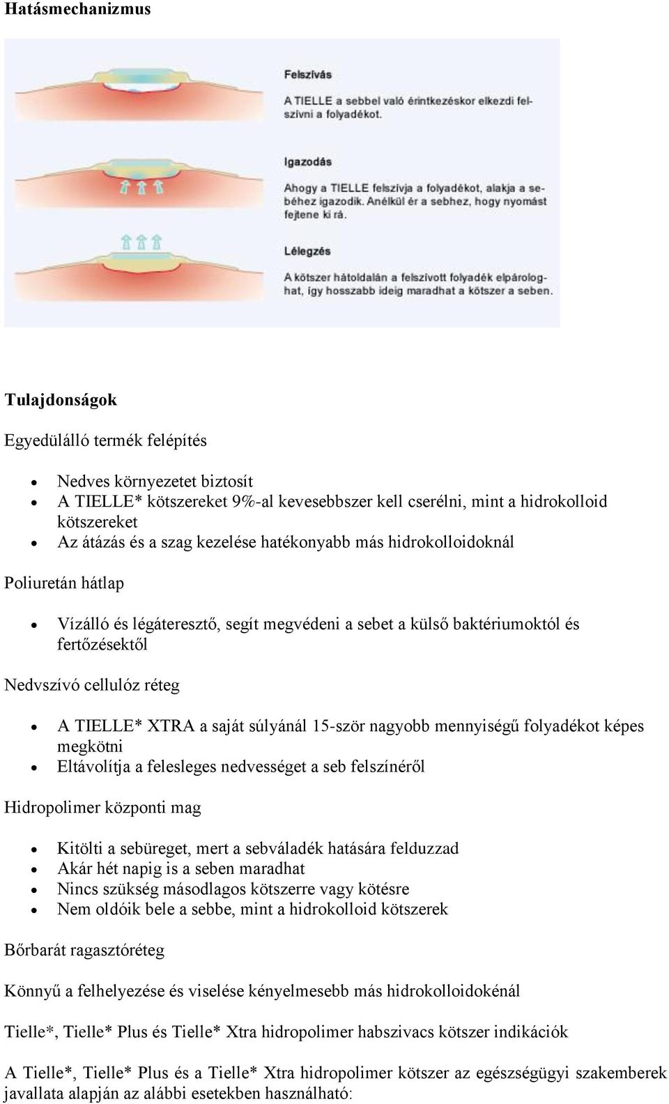 súlyánál 15-ször nagyobb mennyiségű folyadékot képes megkötni Eltávolítja a felesleges nedvességet a seb felszínéről Hidropolimer központi mag Kitölti a sebüreget, mert a sebváladék hatására