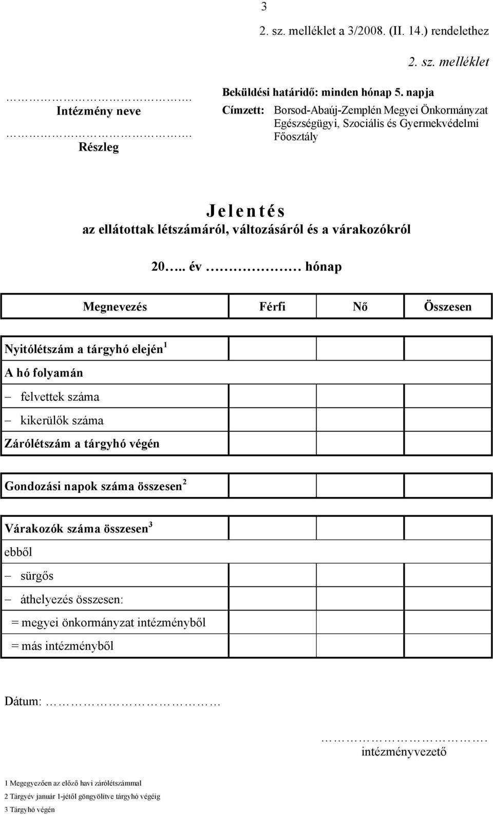 . év hónap Megnevezés Férfi Nő Összesen Nyitólétszám a tárgyhó elején 1 A hó folyamán felvettek száma kikerülők száma Zárólétszám a tárgyhó végén Gondozási napok száma összesen 2