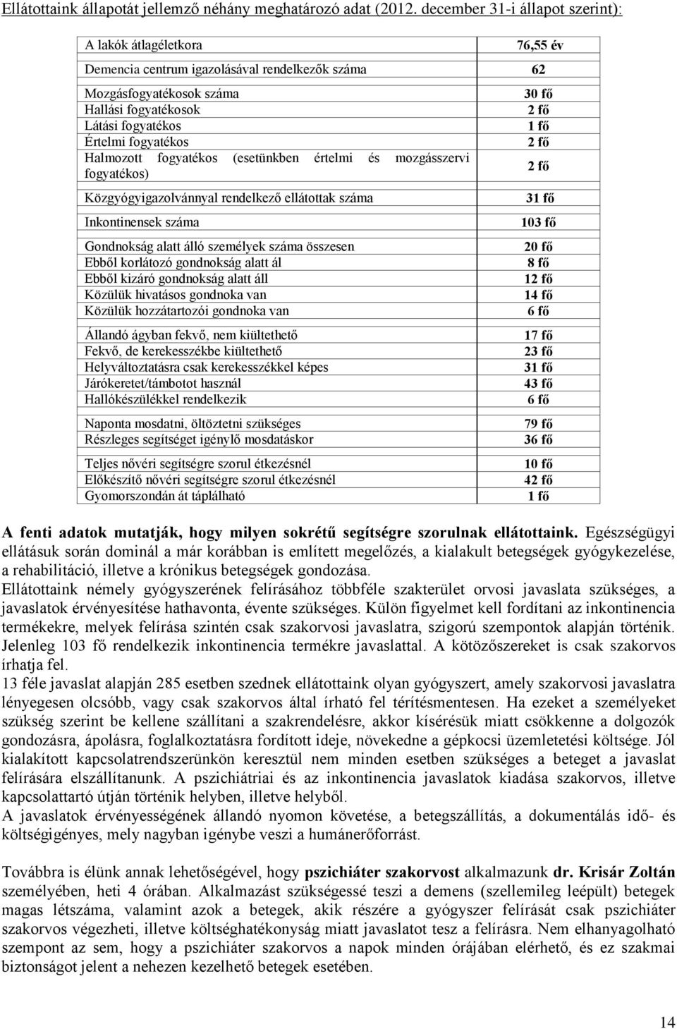 Halmozott fogyatékos (esetünkben értelmi és mozgásszervi fogyatékos) Közgyógyigazolvánnyal rendelkező ellátottak száma Inkontinensek száma Gondnokság alatt álló személyek száma összesen Ebből