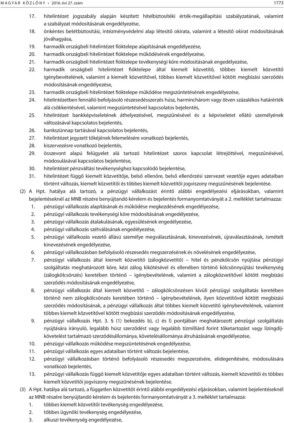 harmadik országbeli hitelintézet fióktelepe működésének engedélyezése, 21. harmadik országbeli hitelintézet fióktelepe tevékenységi köre módosításának engedélyezése, 22.