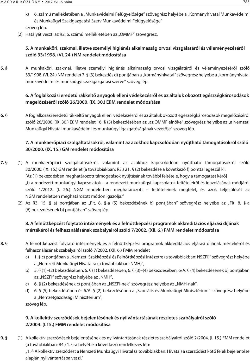 számú mellékletében az OMMF szövegrész. 5. A munkaköri, szakmai, illetve személyi higiénés alkalmasság orvosi vizsgálatáról és véleményezésérõl szóló 33/1998. (VI. 24.) NM rendelet módosítása 5.