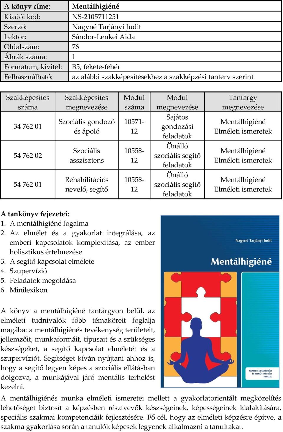 Mentálhigiéné Elméleti ismeretek 54 762 02 Szociális asszisztens 10558-12 Önálló szociális segítő feladatok Mentálhigiéné Elméleti ismeretek 54 762 01 Rehabilitációs nevelő, segítő 10558-12 Önálló