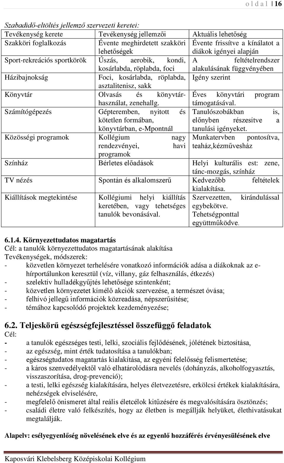 röplabda, Igény szerint asztalitenisz, sakk Könyvtár Olvasás és könyvtárhasználat, Éves könyvtári program zenehallg. támogatásával.